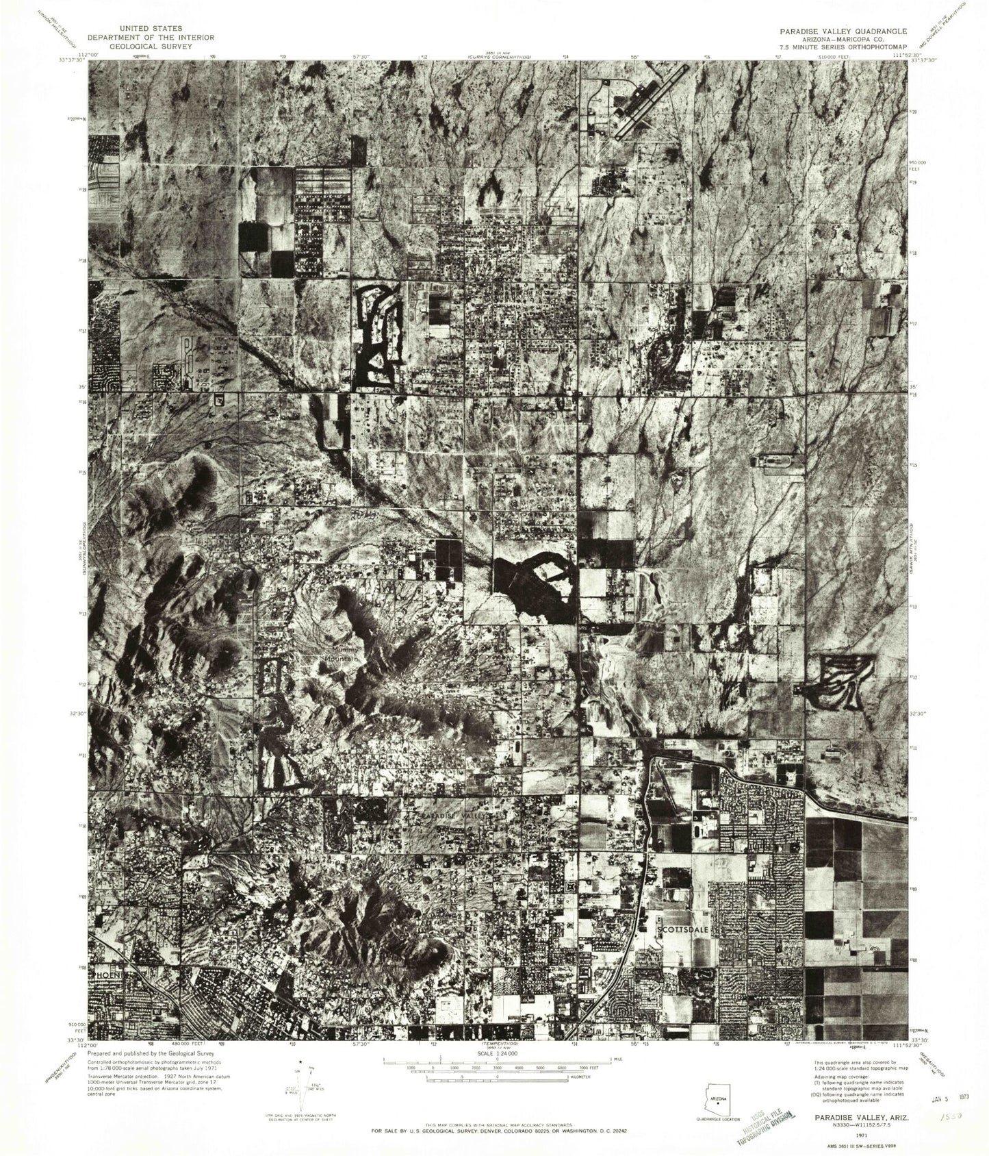 Classic USGS Paradise Valley Arizona 7.5'x7.5' Topo Map Image