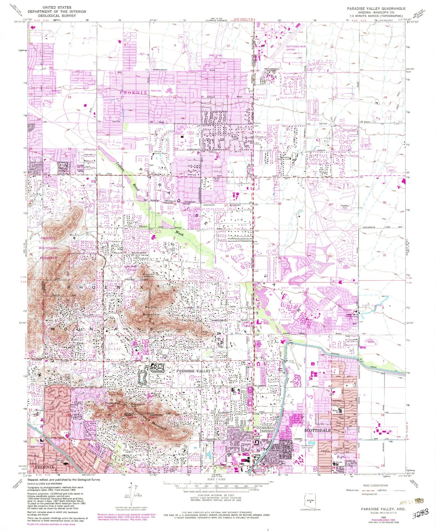 Classic USGS Paradise Valley Arizona 7.5'x7.5' Topo Map Image