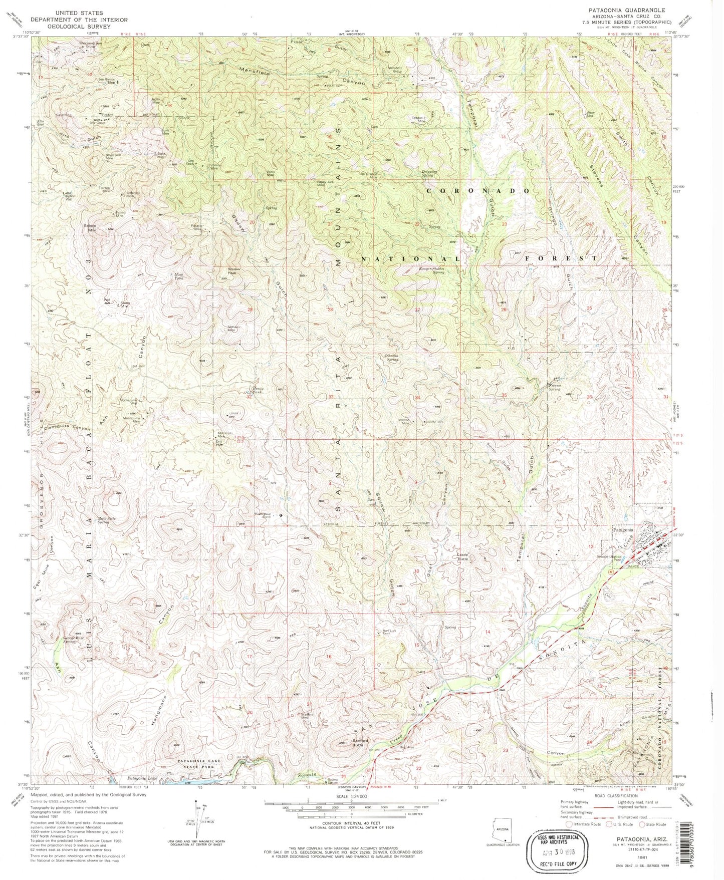 Classic USGS Patagonia Arizona 7.5'x7.5' Topo Map Image