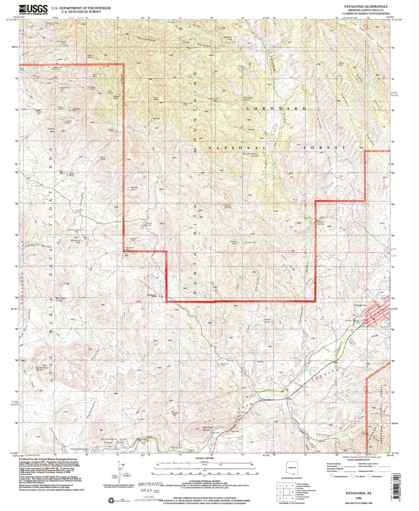 Classic USGS Patagonia Arizona 7.5'x7.5' Topo Map Image