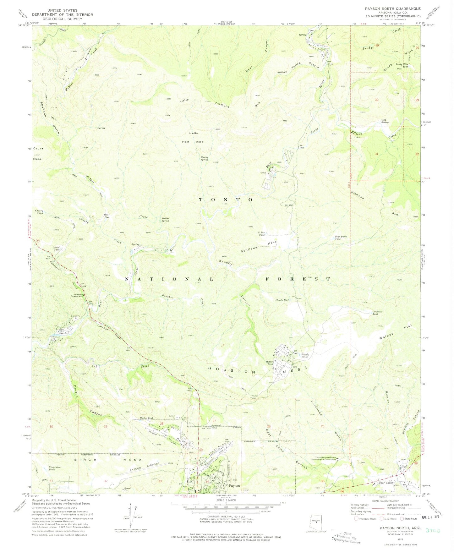 Classic USGS Payson North Arizona 7.5'x7.5' Topo Map Image