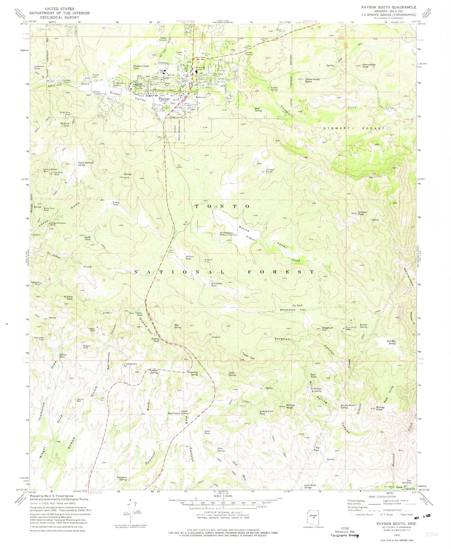Classic USGS Payson South Arizona 7.5'x7.5' Topo Map Image