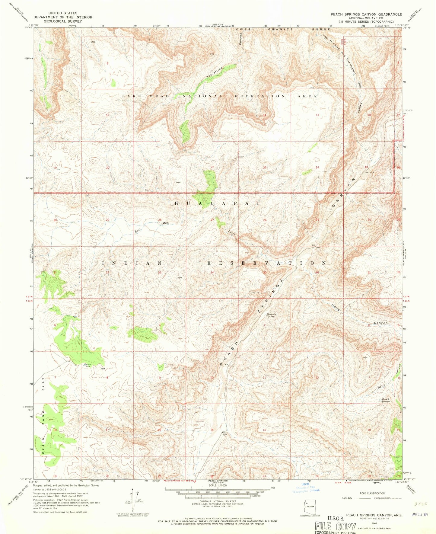 Classic USGS Peach Springs Canyon Arizona 7.5'x7.5' Topo Map Image