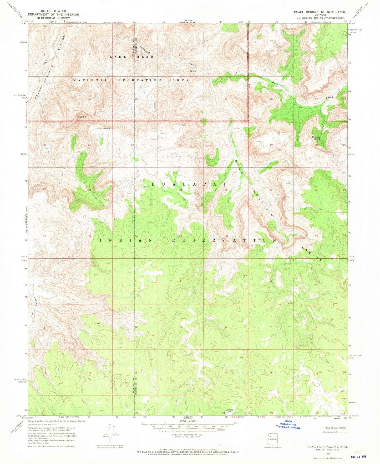 Classic USGS Peach Springs NE Arizona 7.5'x7.5' Topo Map Image