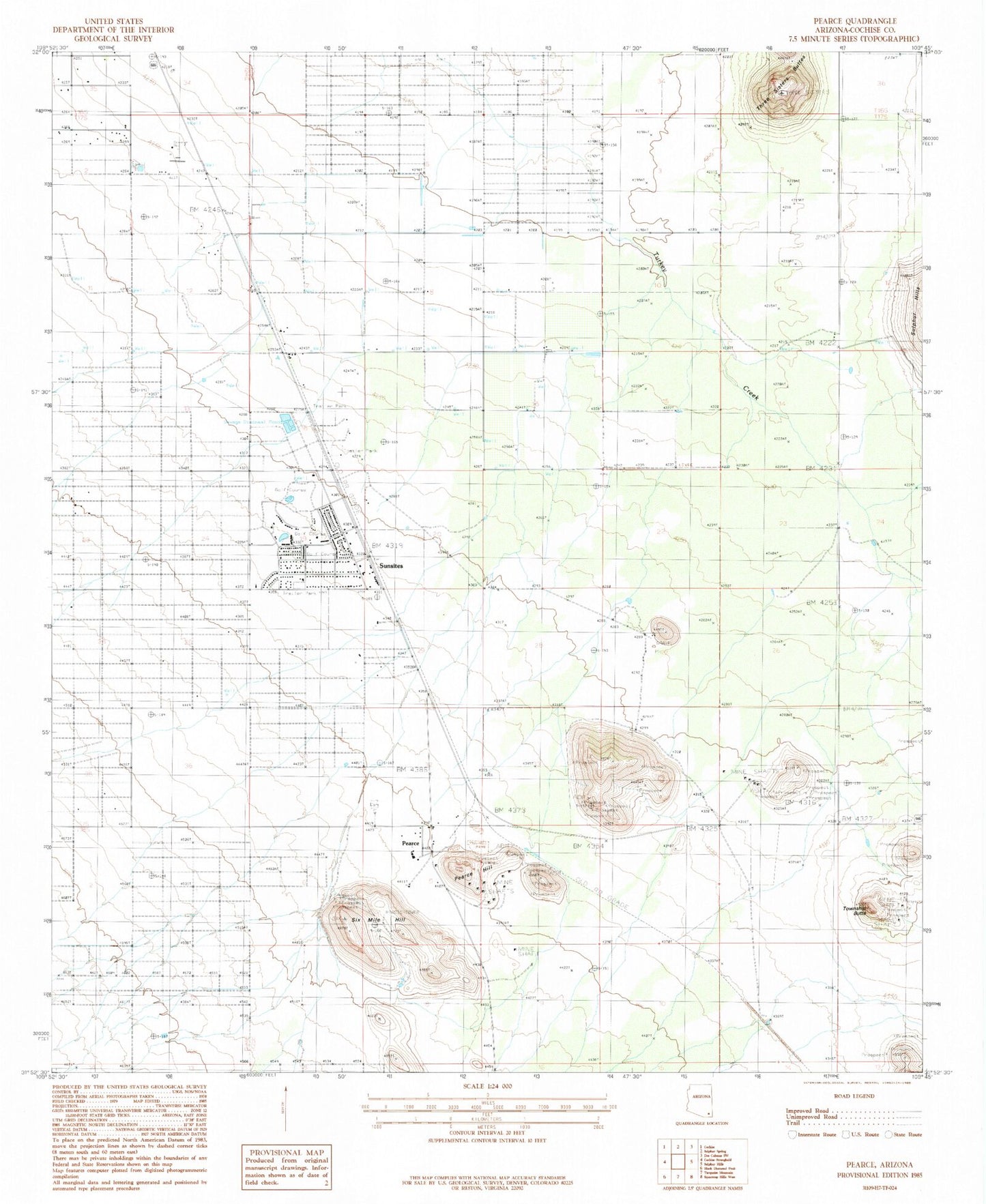 Classic USGS Pearce Arizona 7.5'x7.5' Topo Map Image