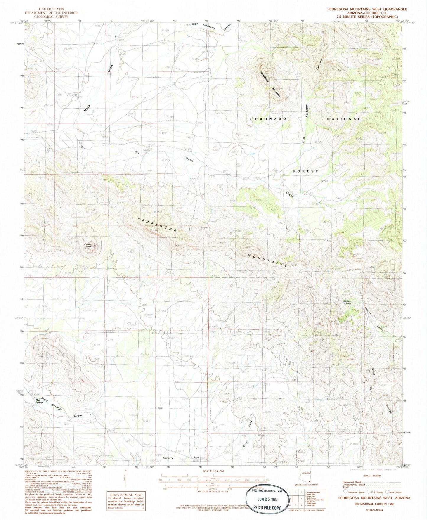 Classic USGS Pedregosa Mountains West Arizona 7.5'x7.5' Topo Map Image