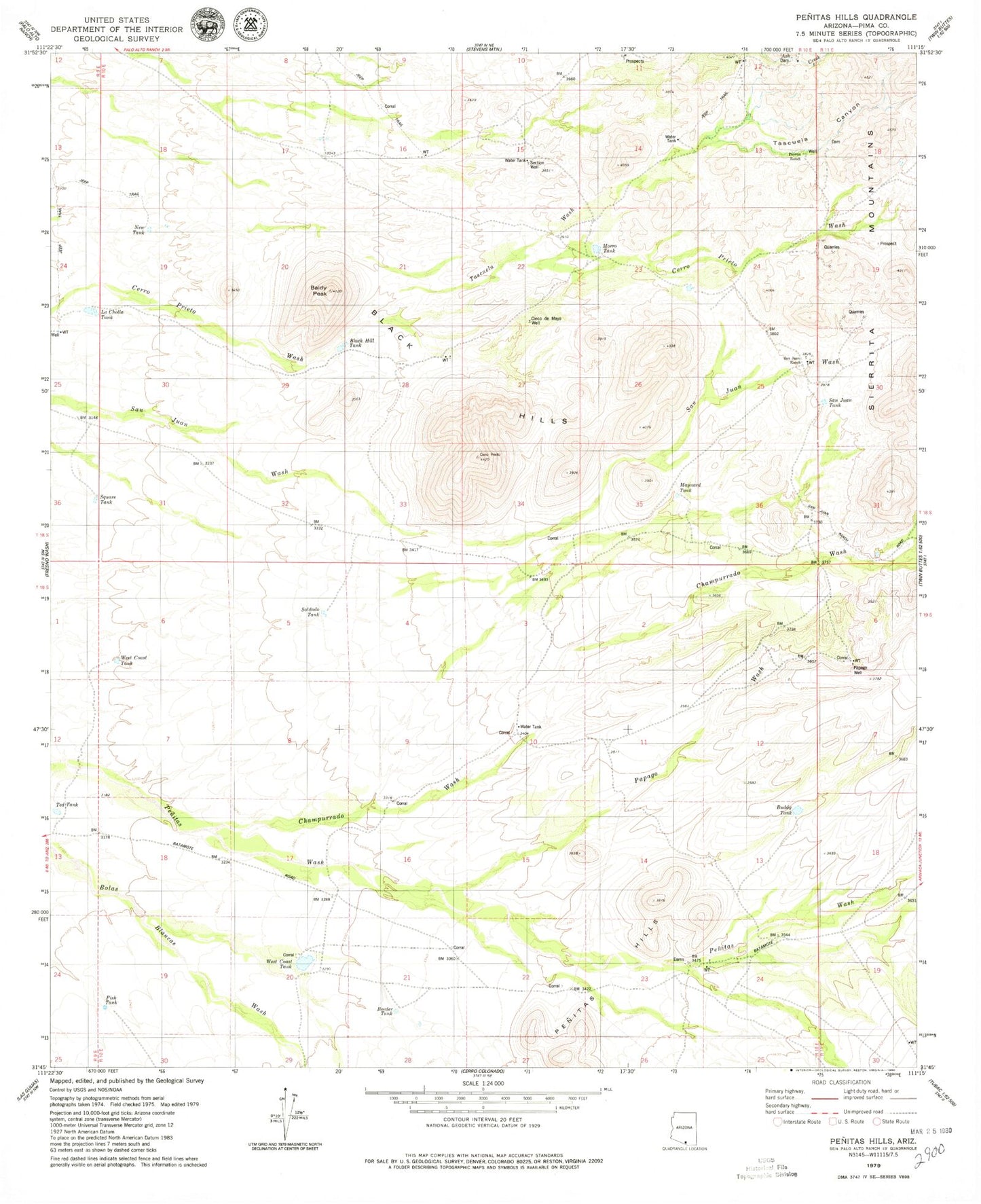 Classic USGS Penitas Hills Arizona 7.5'x7.5' Topo Map Image