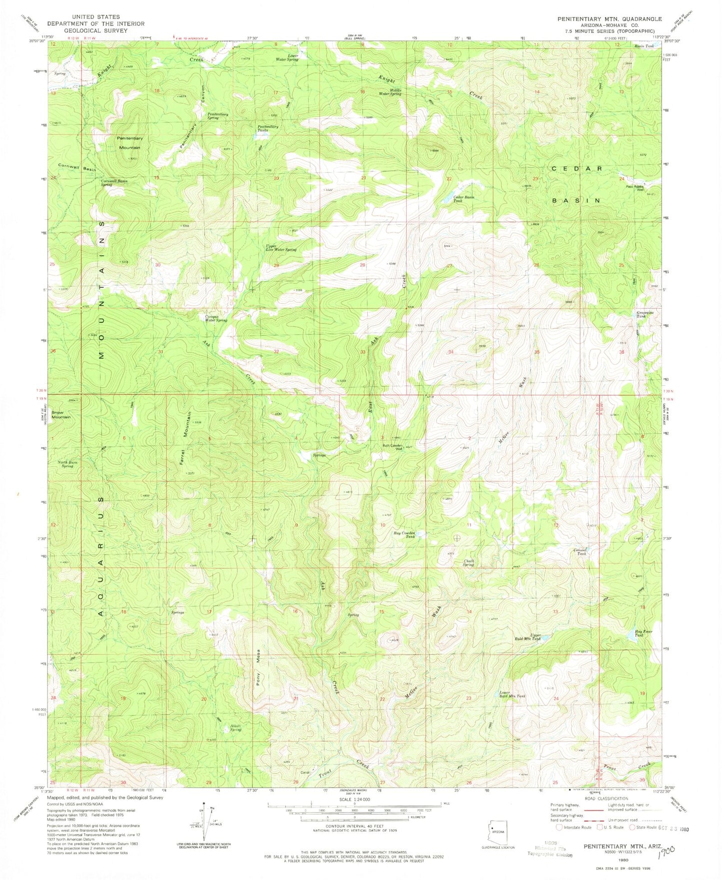 Classic USGS Penitentiary Mountain Arizona 7.5'x7.5' Topo Map Image