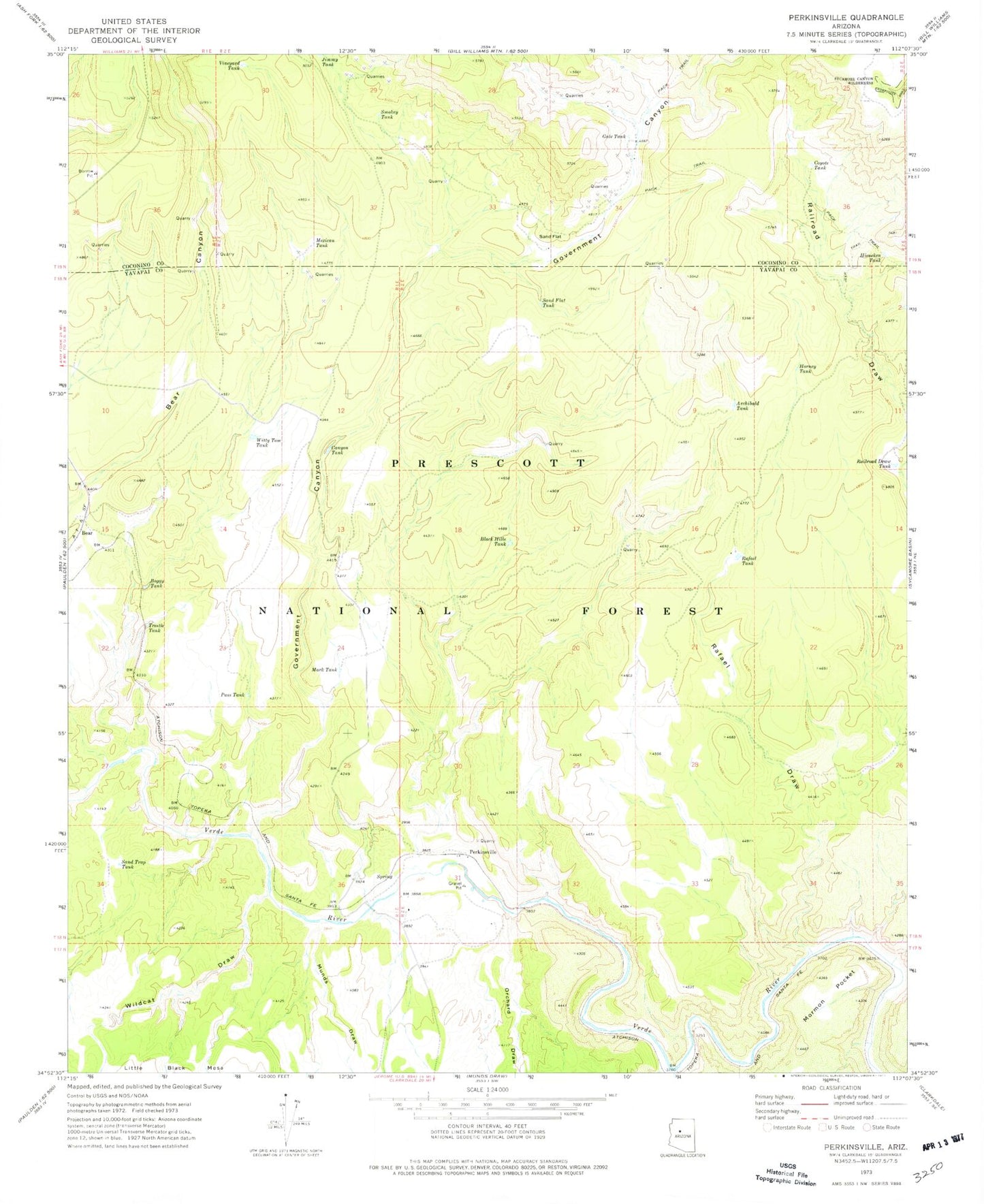 Classic USGS Perkinsville Arizona 7.5'x7.5' Topo Map Image