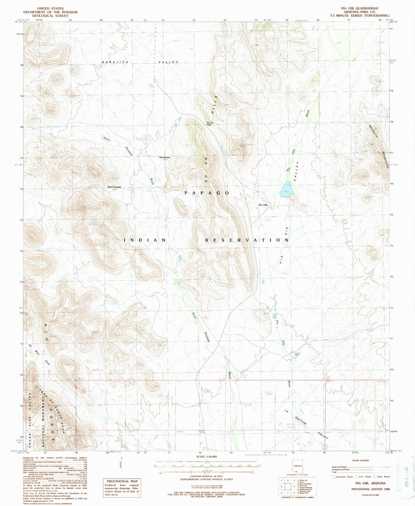 Classic USGS Pia Oik Arizona 7.5'x7.5' Topo Map Image