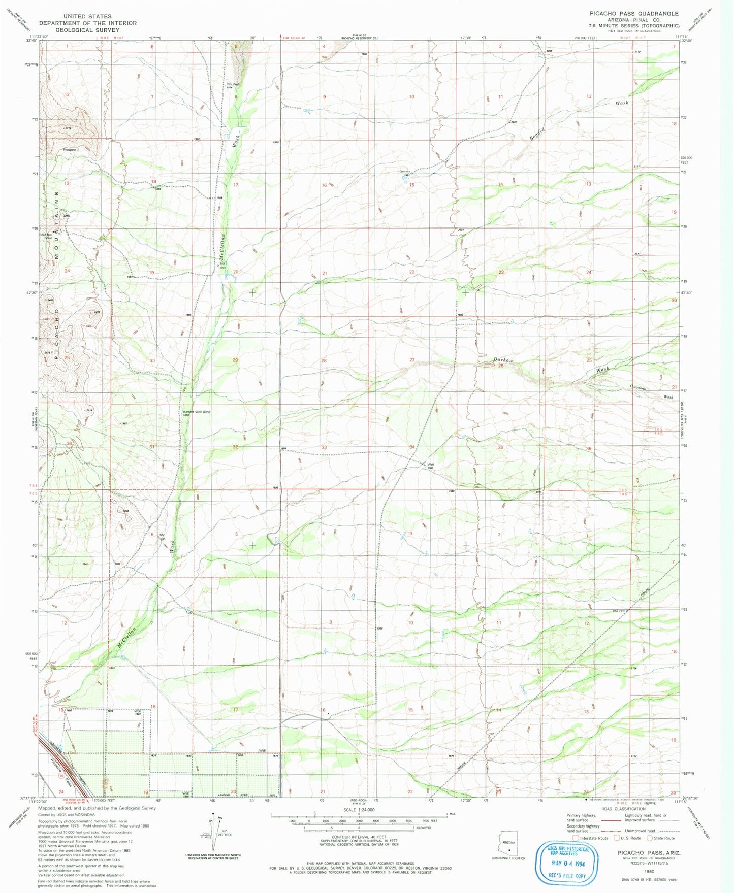 Classic USGS Picacho Pass Arizona 7.5'x7.5' Topo Map Image