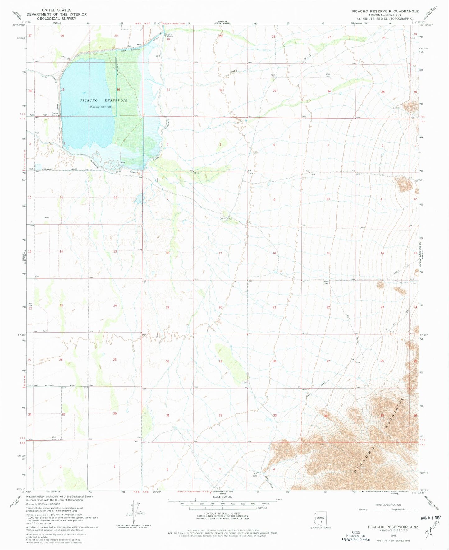 Classic USGS Picacho Reservoir Arizona 7.5'x7.5' Topo Map Image