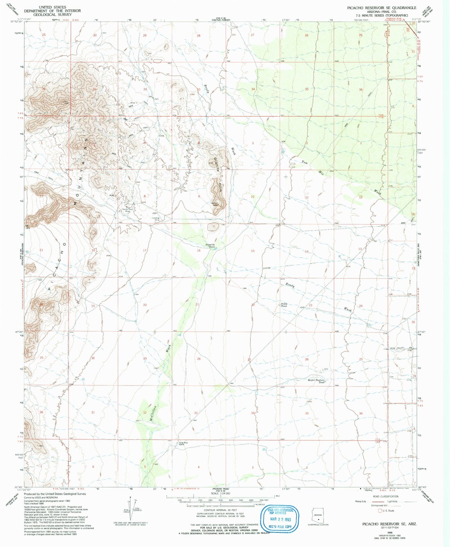 Classic USGS Picacho Reservoir SE Arizona 7.5'x7.5' Topo Map Image