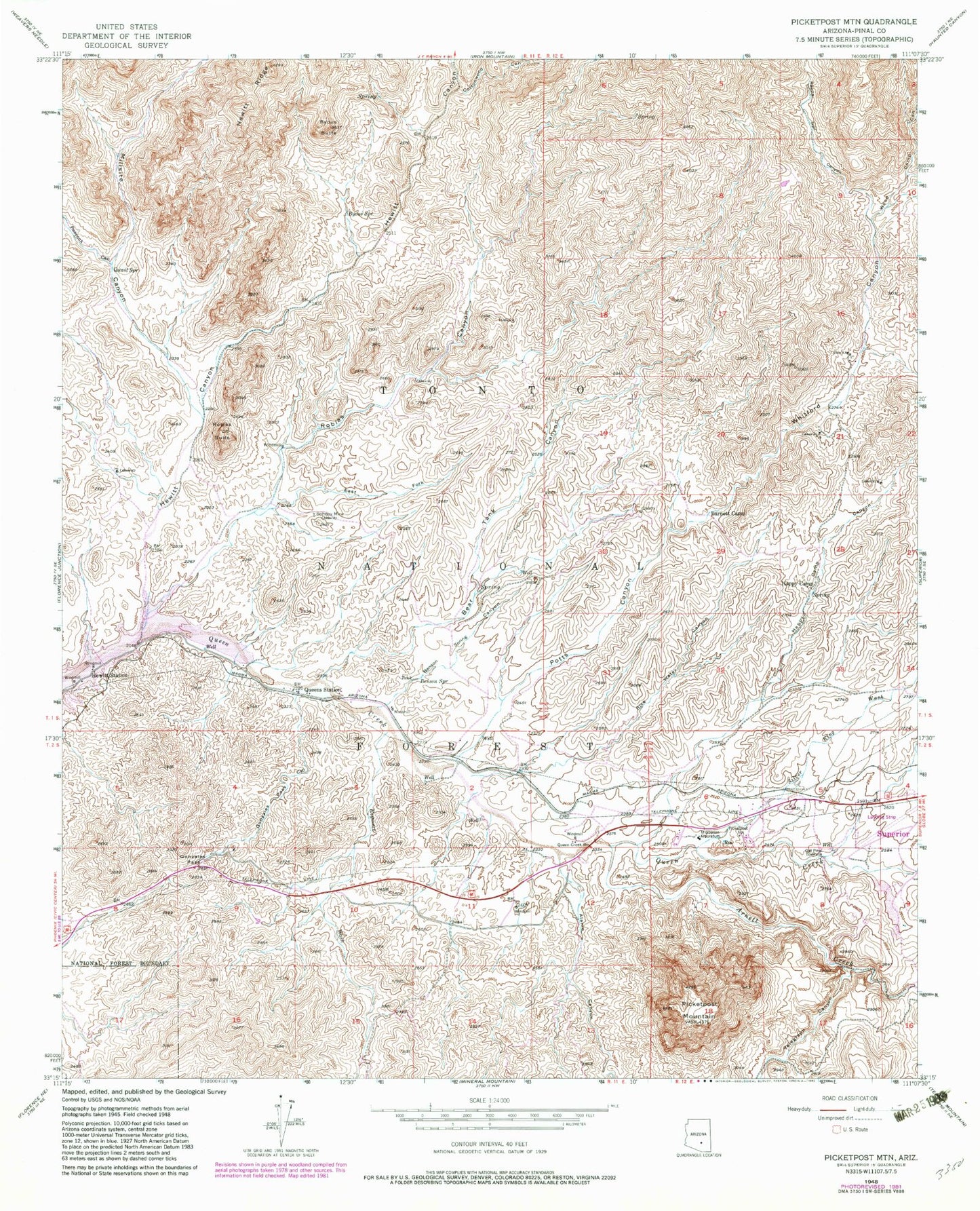 Classic USGS Picketpost Mountain Arizona 7.5'x7.5' Topo Map Image