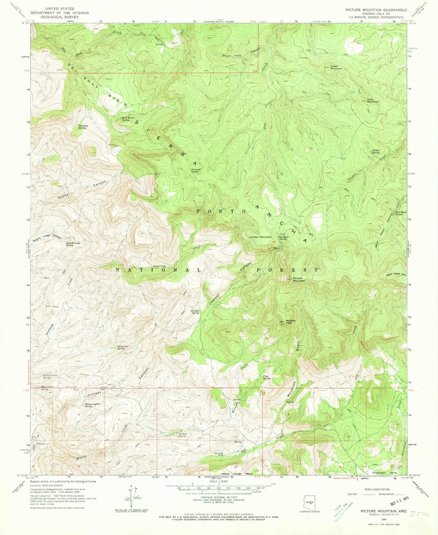 Classic USGS Picture Mountain Arizona 7.5'x7.5' Topo Map Image