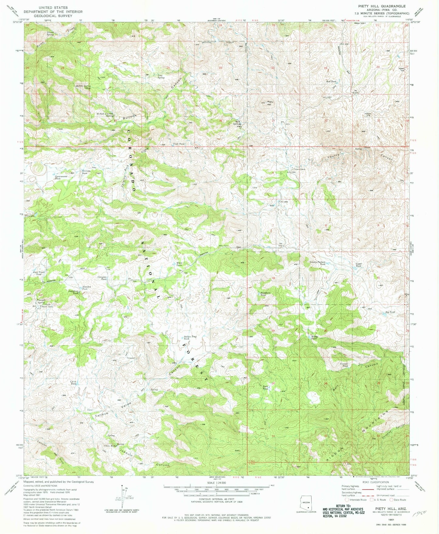 Classic USGS Piety Hill Arizona 7.5'x7.5' Topo Map Image