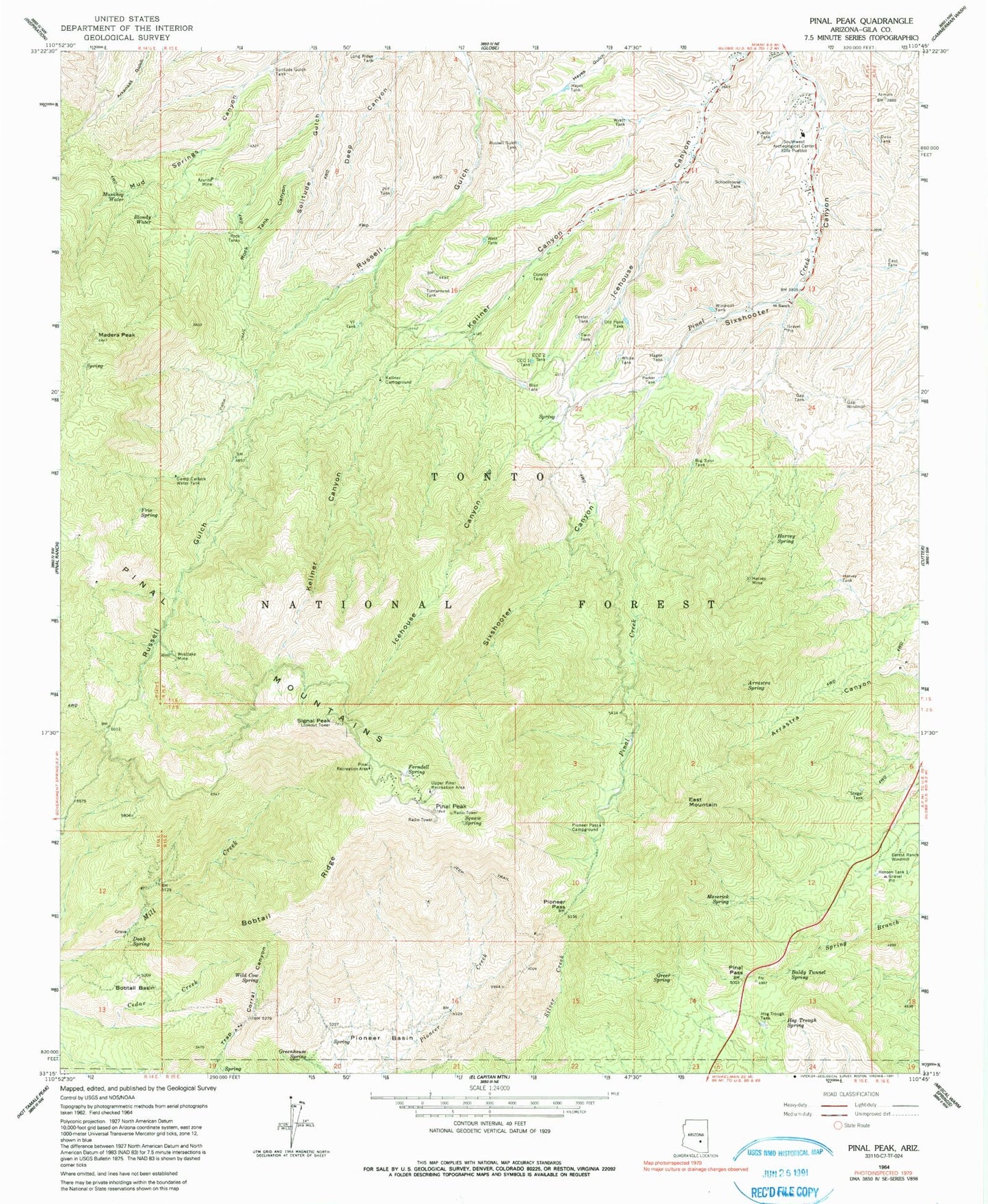 Classic USGS Pinal Peak Arizona 7.5'x7.5' Topo Map Image