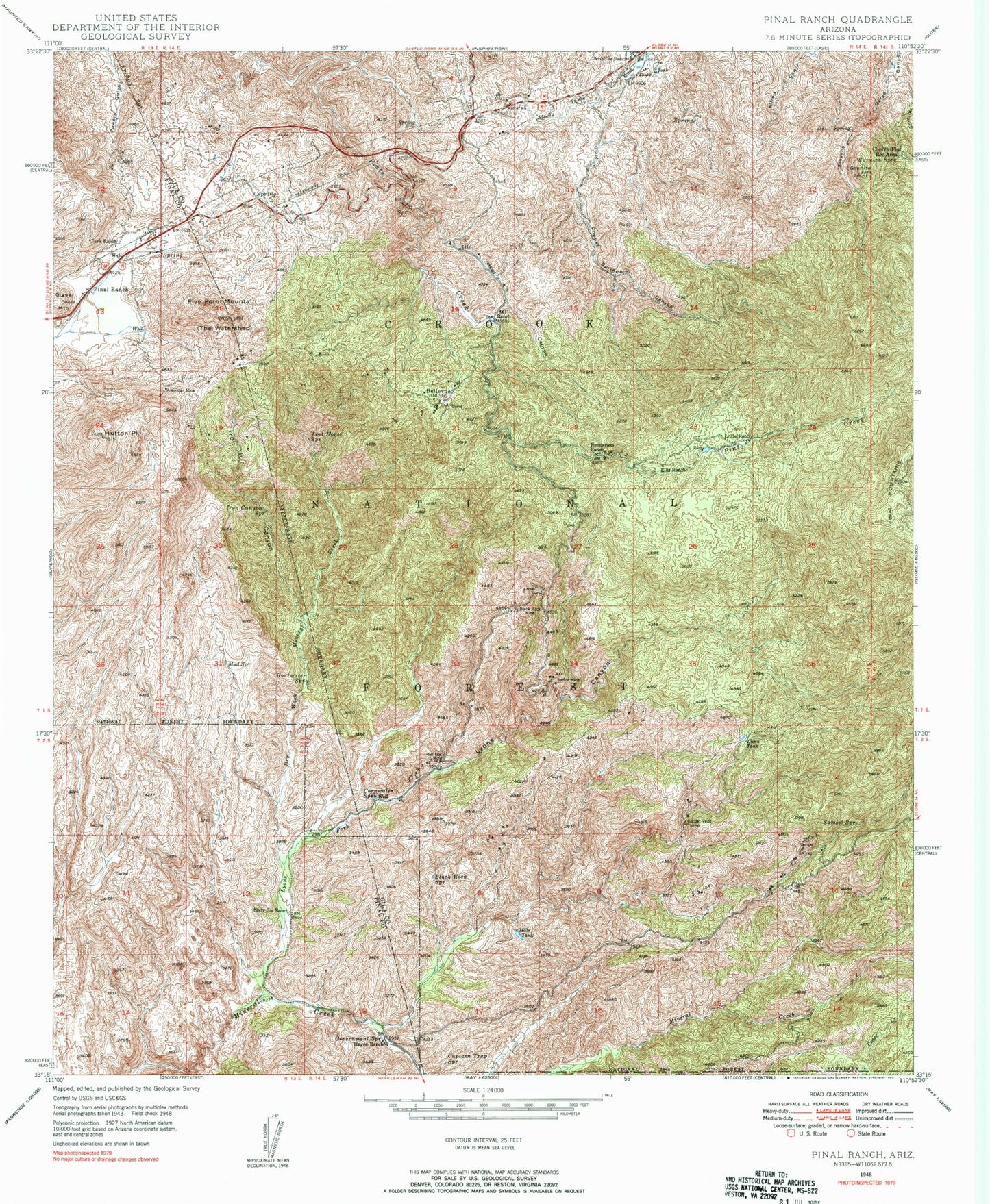 Classic USGS Pinal Ranch Arizona 7.5'x7.5' Topo Map Image