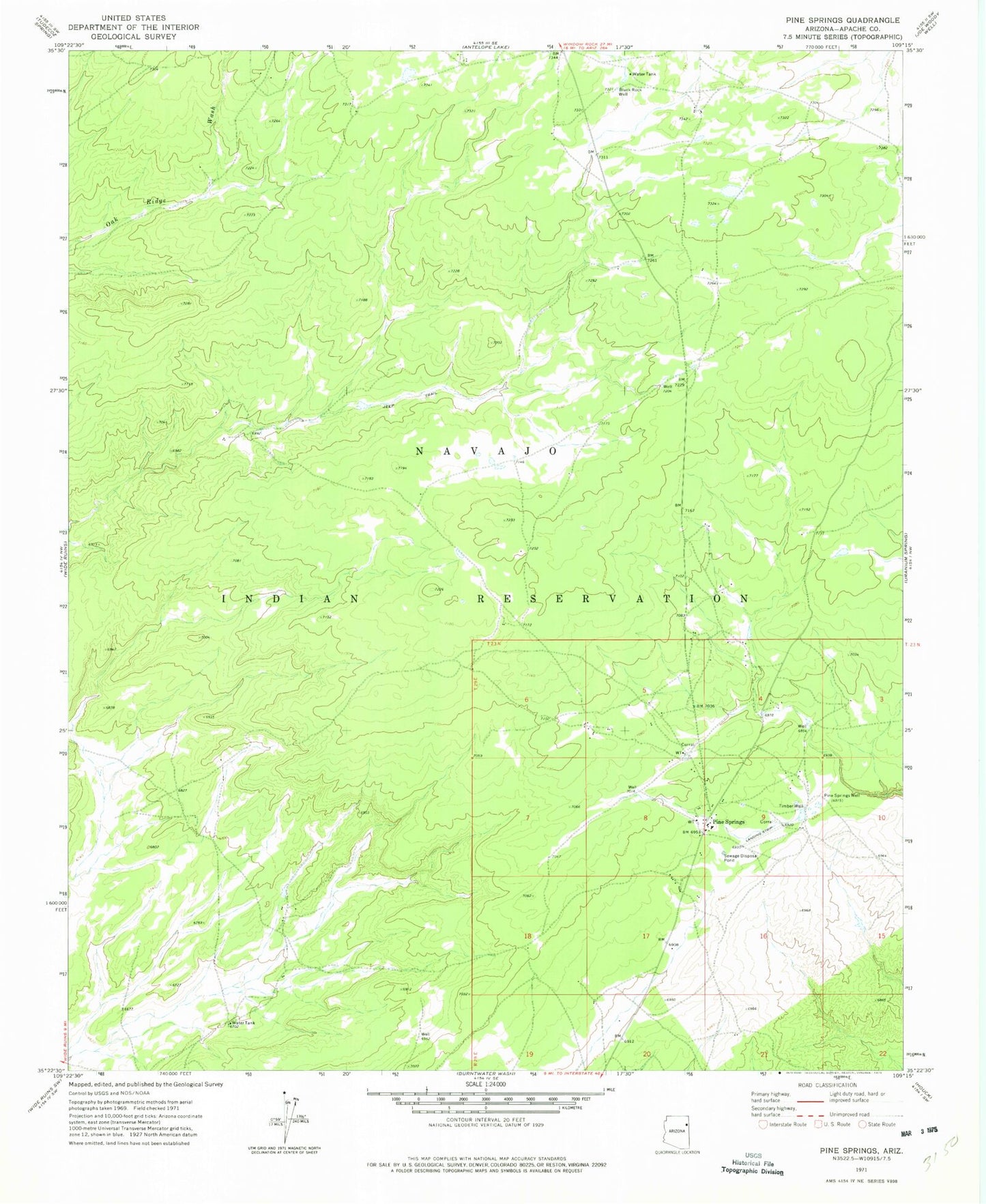 Classic USGS Pine Springs Arizona 7.5'x7.5' Topo Map Image
