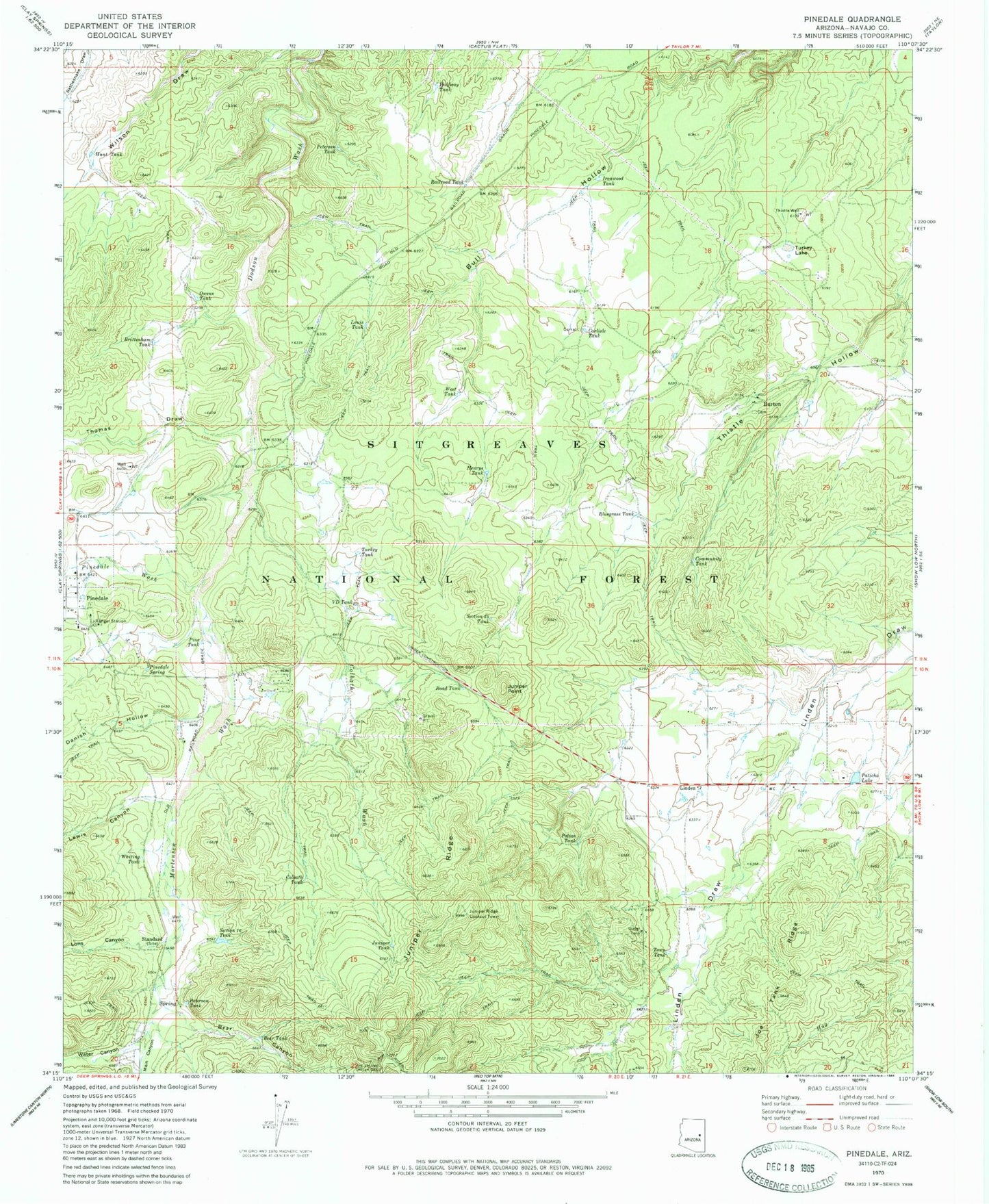 Classic USGS Pinedale Arizona 7.5'x7.5' Topo Map Image