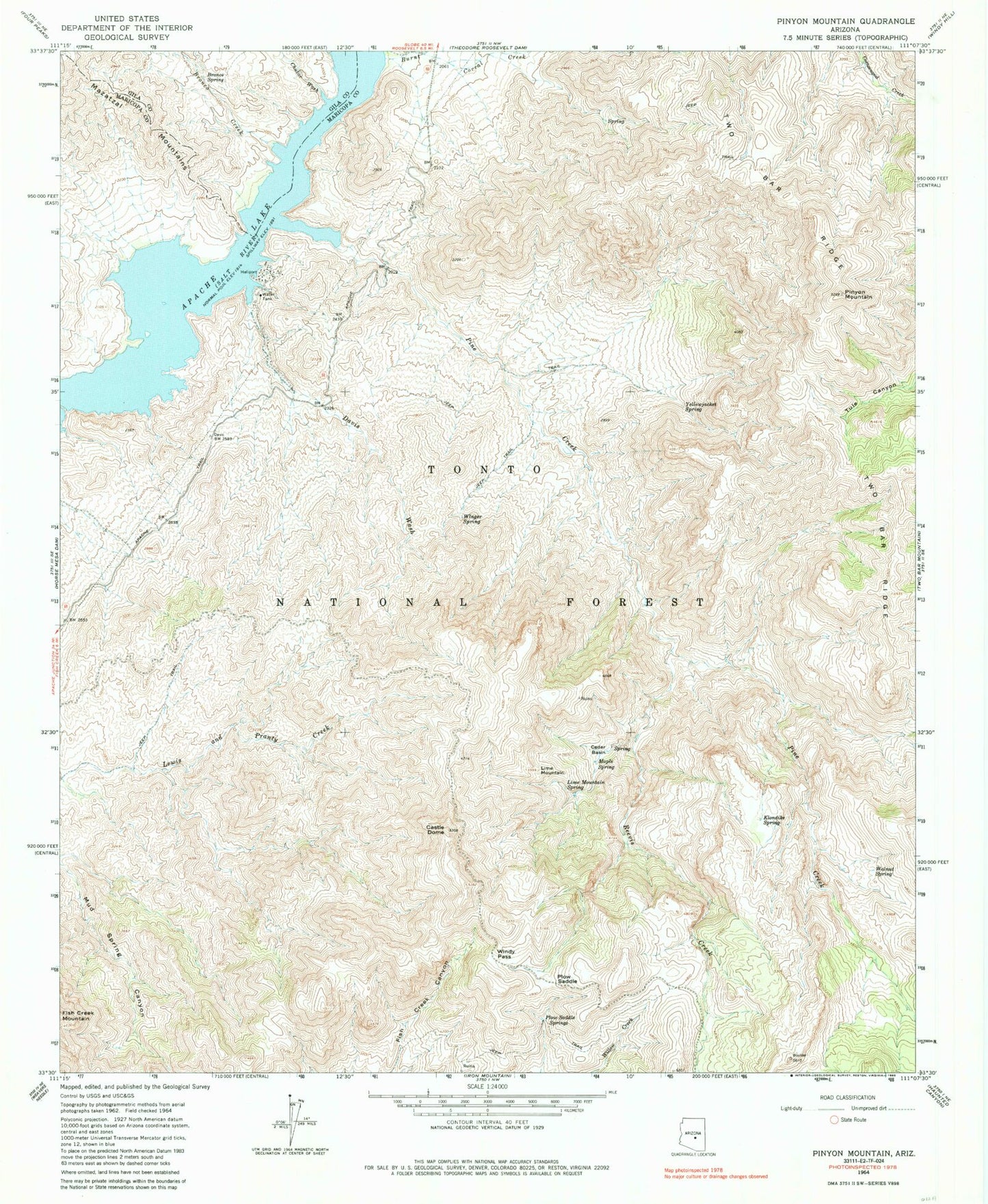 Classic USGS Pinyon Mountain Arizona 7.5'x7.5' Topo Map Image