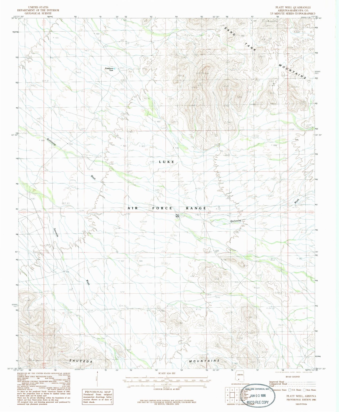 Classic USGS Platt Well Arizona 7.5'x7.5' Topo Map Image