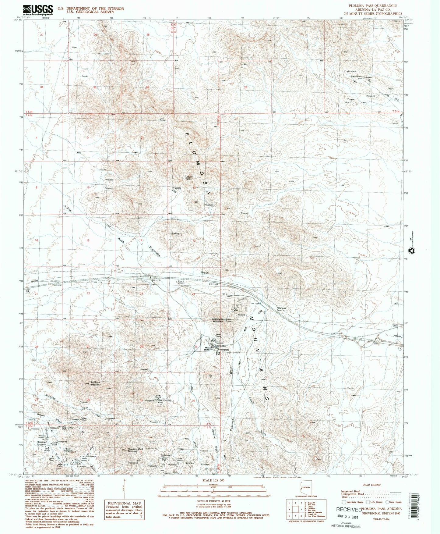 Classic USGS Plomosa Pass Arizona 7.5'x7.5' Topo Map Image