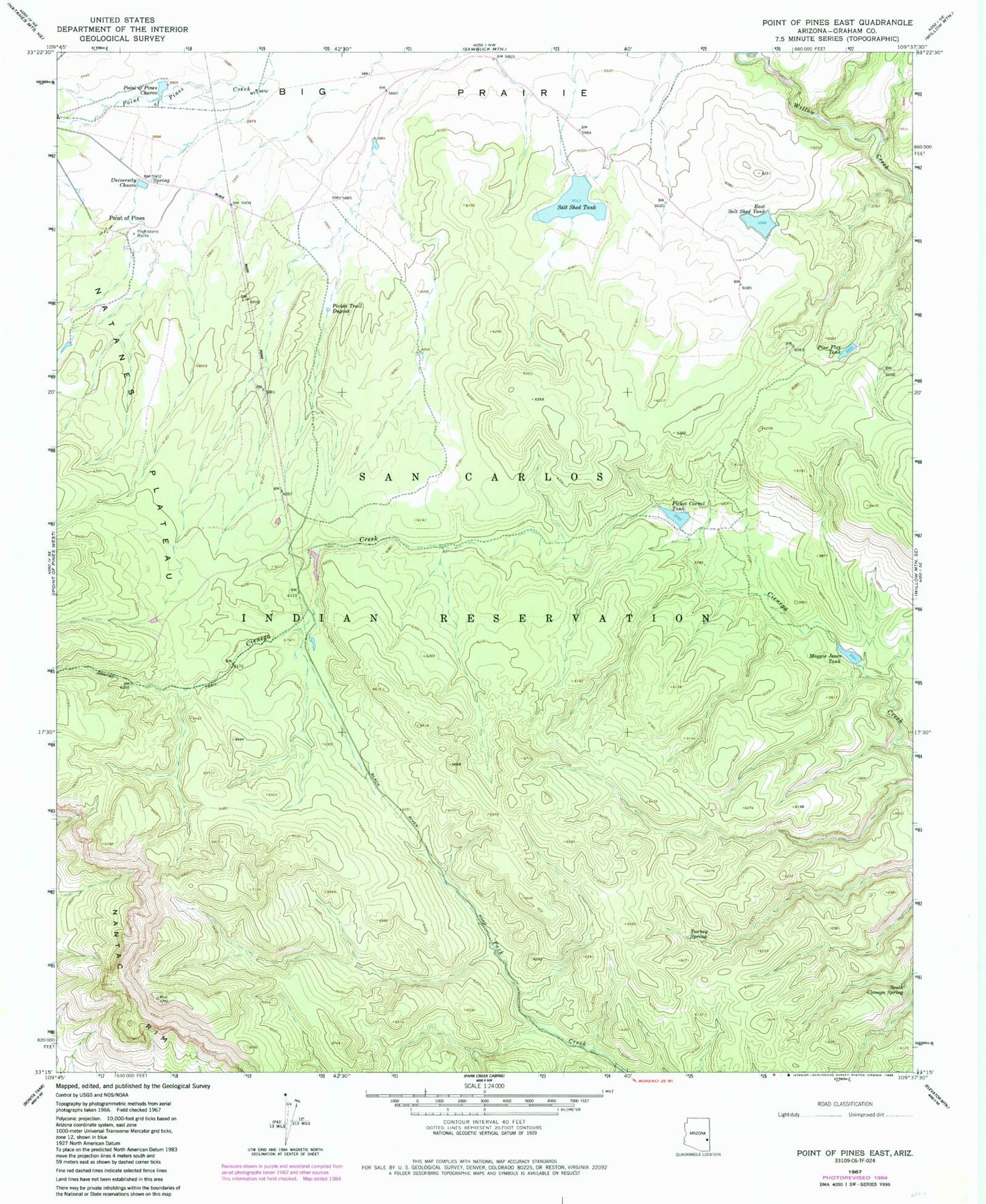 Classic USGS Point of Pines East Arizona 7.5'x7.5' Topo Map Image