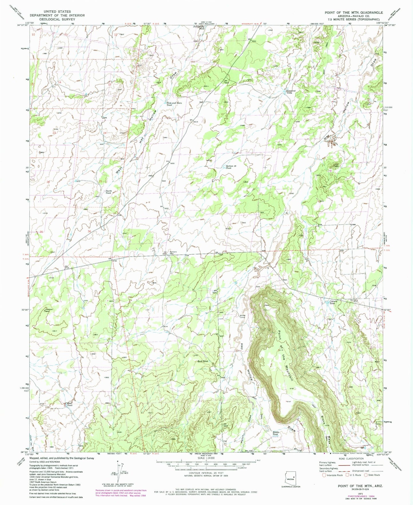 Classic USGS Point of the Mountain Arizona 7.5'x7.5' Topo Map Image