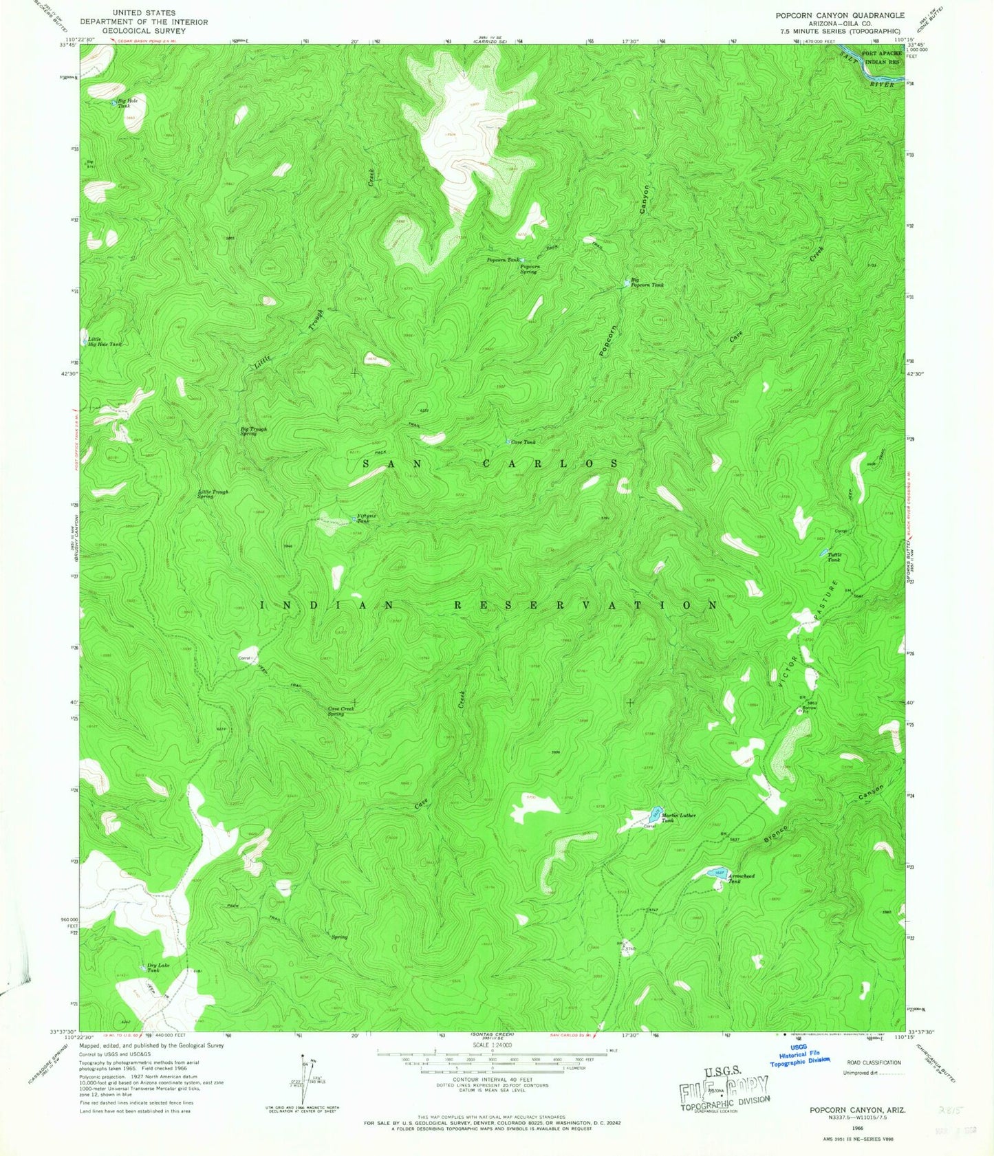 Classic USGS Popcorn Canyon Arizona 7.5'x7.5' Topo Map Image