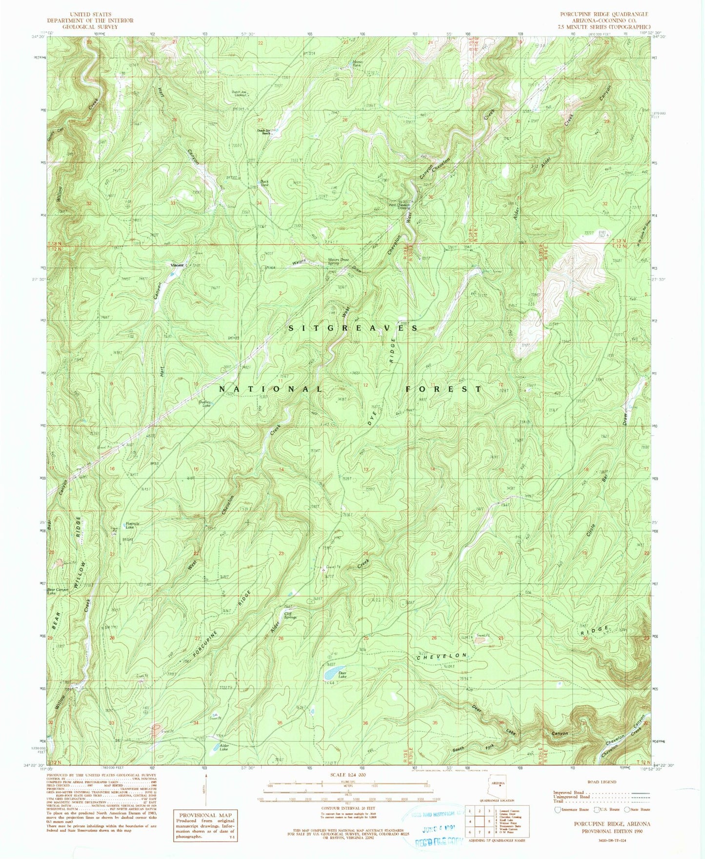 Classic USGS Porcupine Ridge Arizona 7.5'x7.5' Topo Map Image