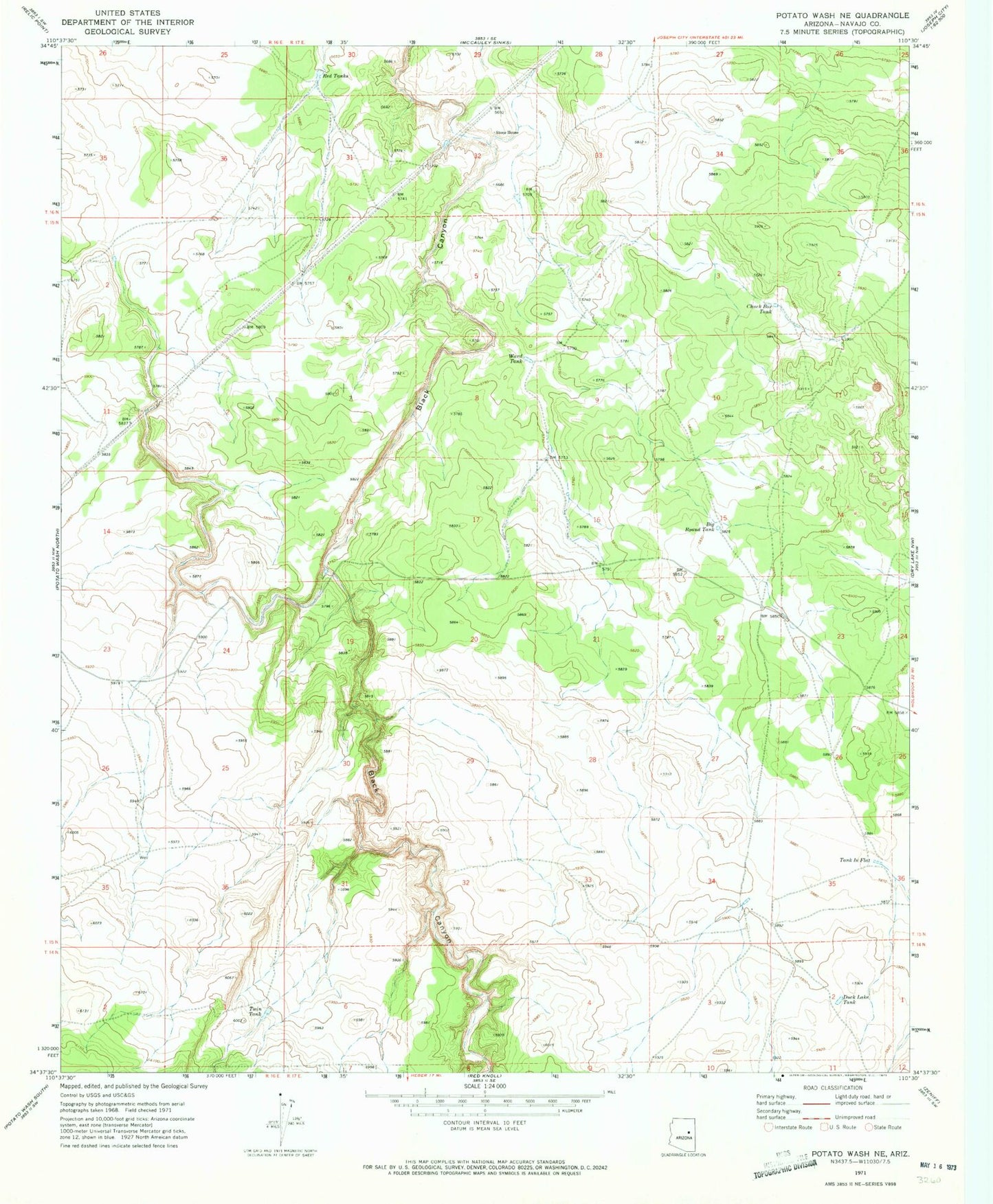 Classic USGS Potato Wash NE Arizona 7.5'x7.5' Topo Map Image