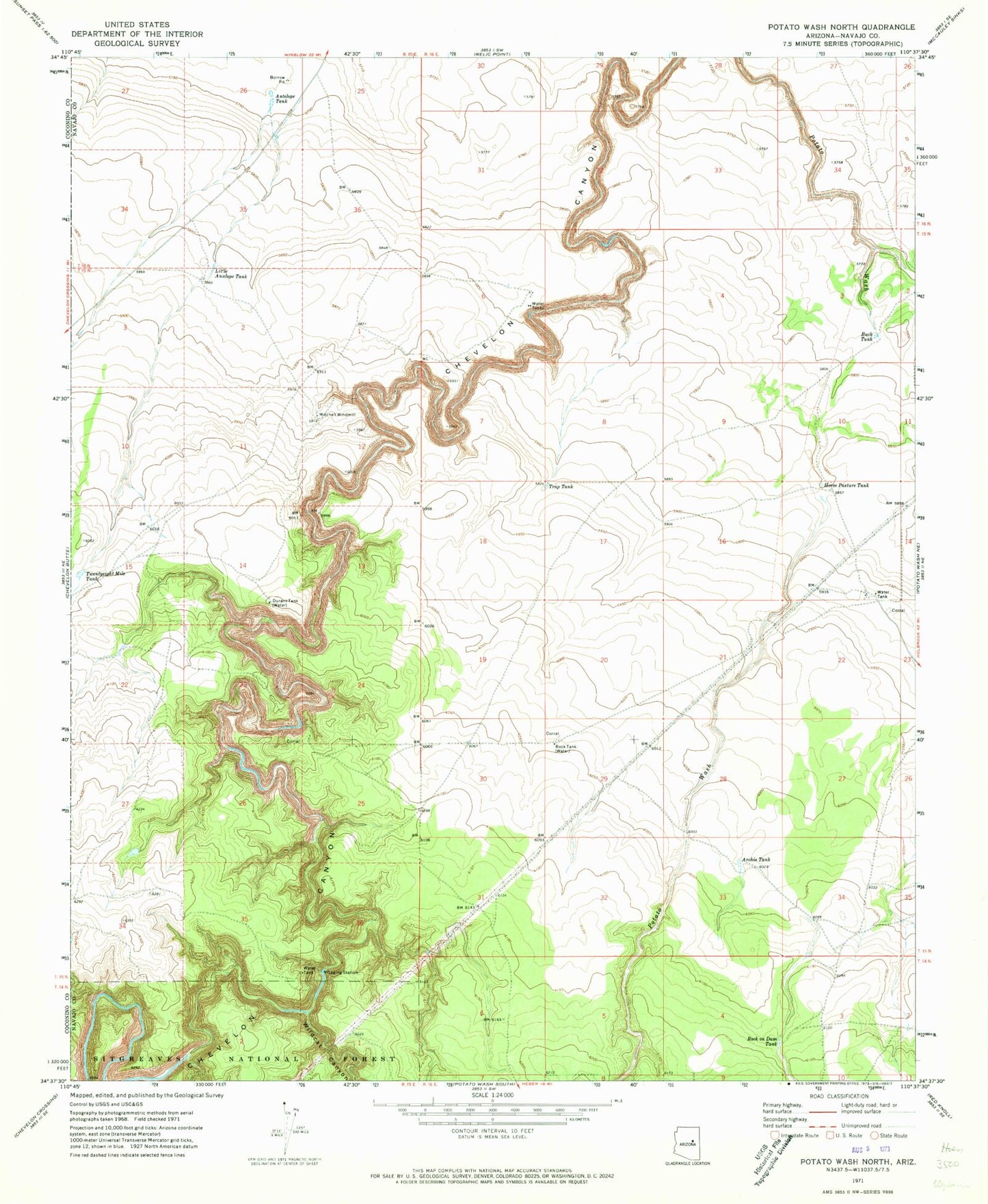 Classic USGS Potato Wash North Arizona 7.5'x7.5' Topo Map Image