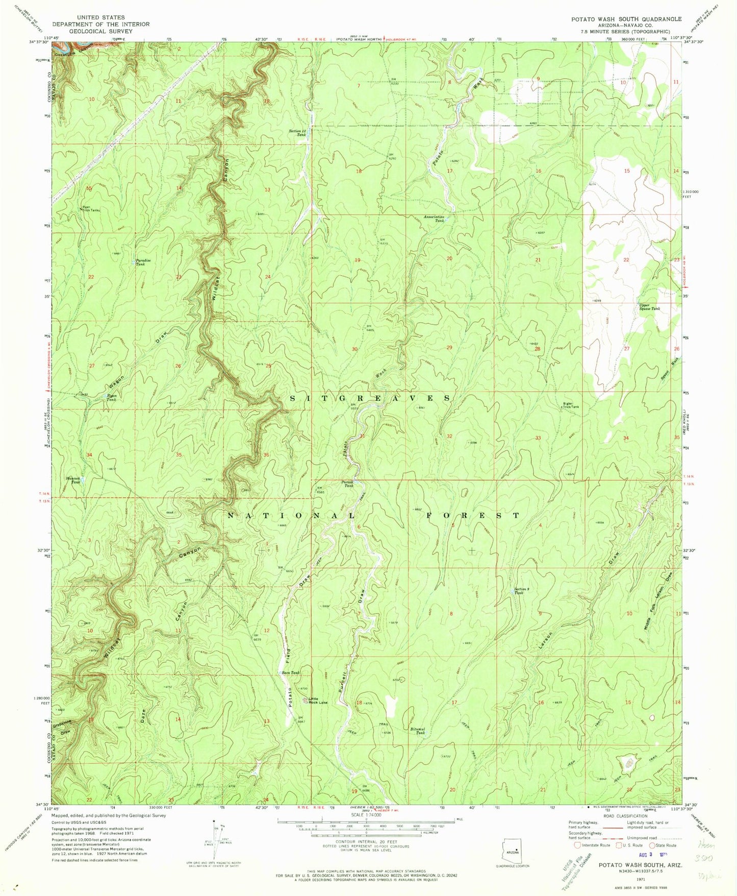 Classic USGS Potato Wash South Arizona 7.5'x7.5' Topo Map Image