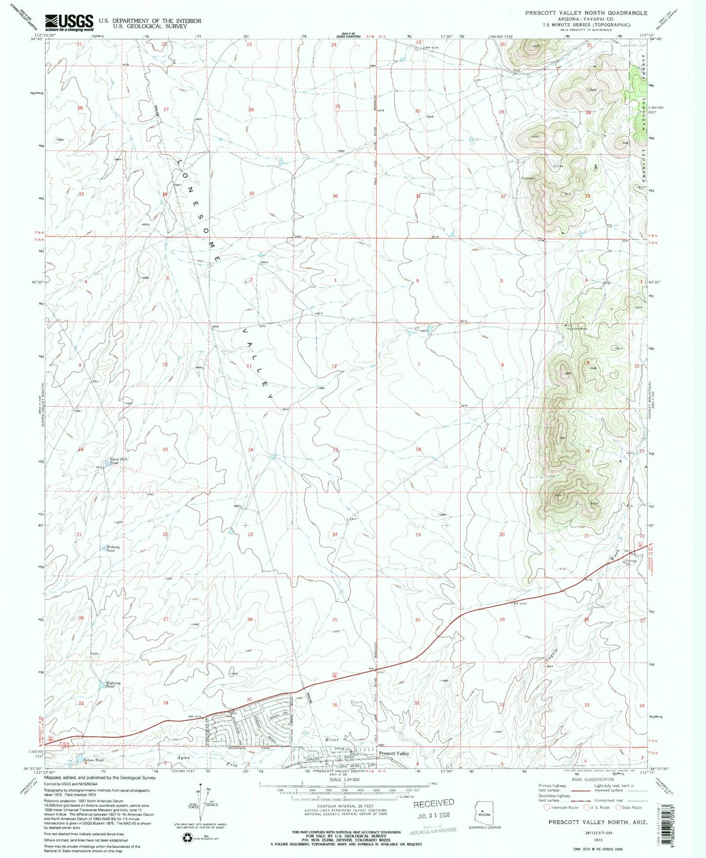 Classic USGS Prescott Valley North Arizona 7.5'x7.5' Topo Map Image