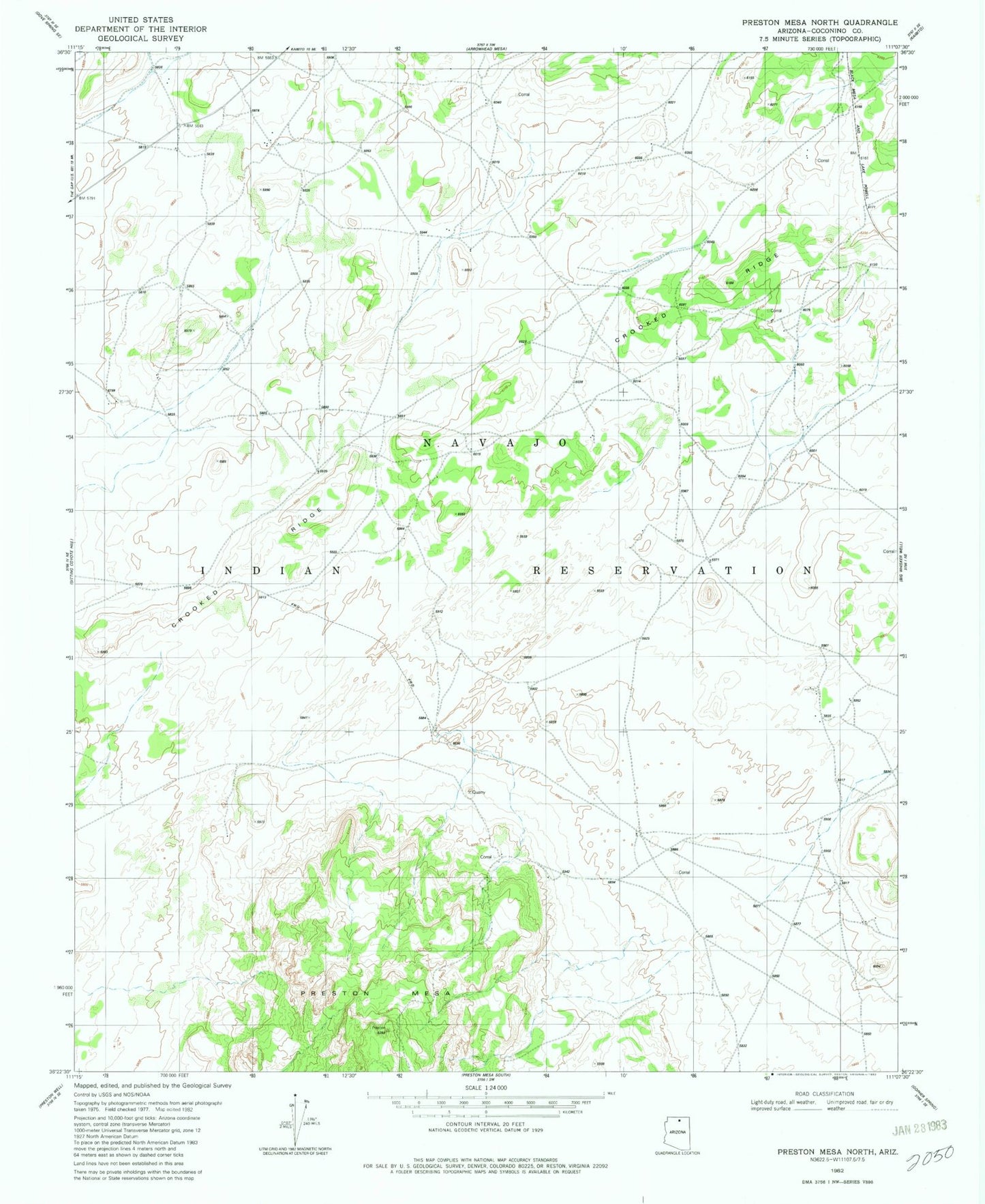 Classic USGS Preston Mesa North Arizona 7.5'x7.5' Topo Map Image