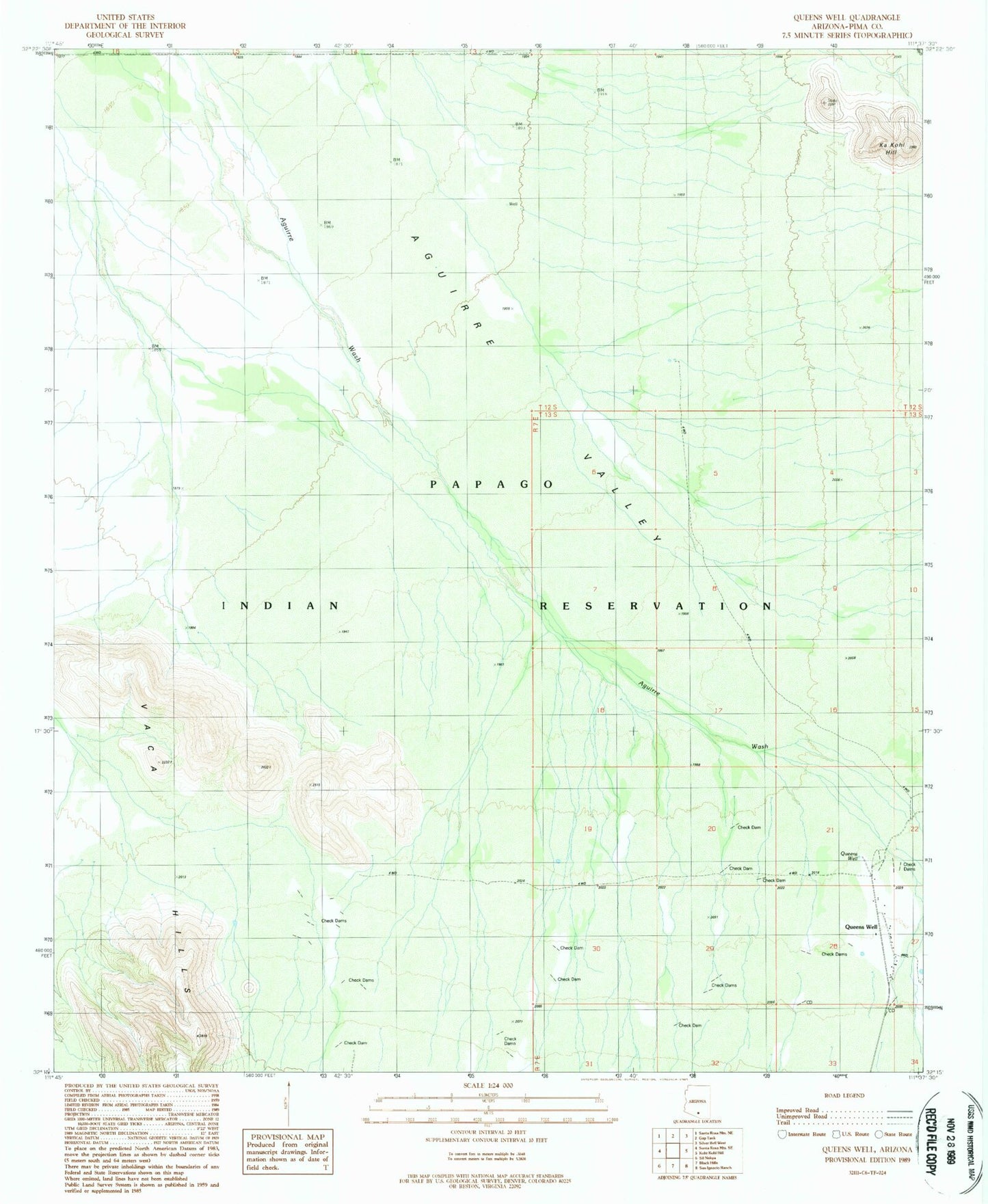 Classic USGS Queens Well Arizona 7.5'x7.5' Topo Map Image
