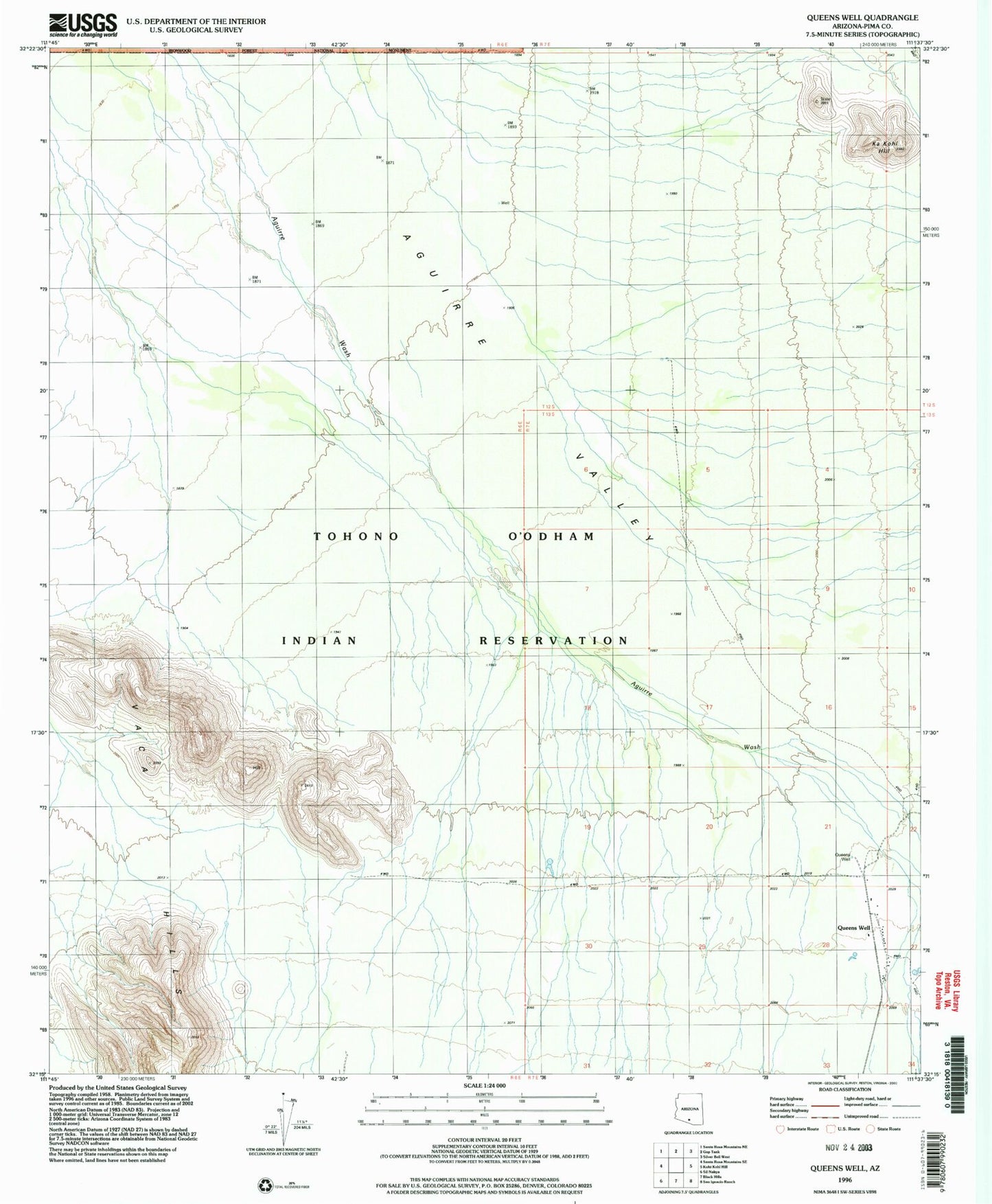Classic USGS Queens Well Arizona 7.5'x7.5' Topo Map Image