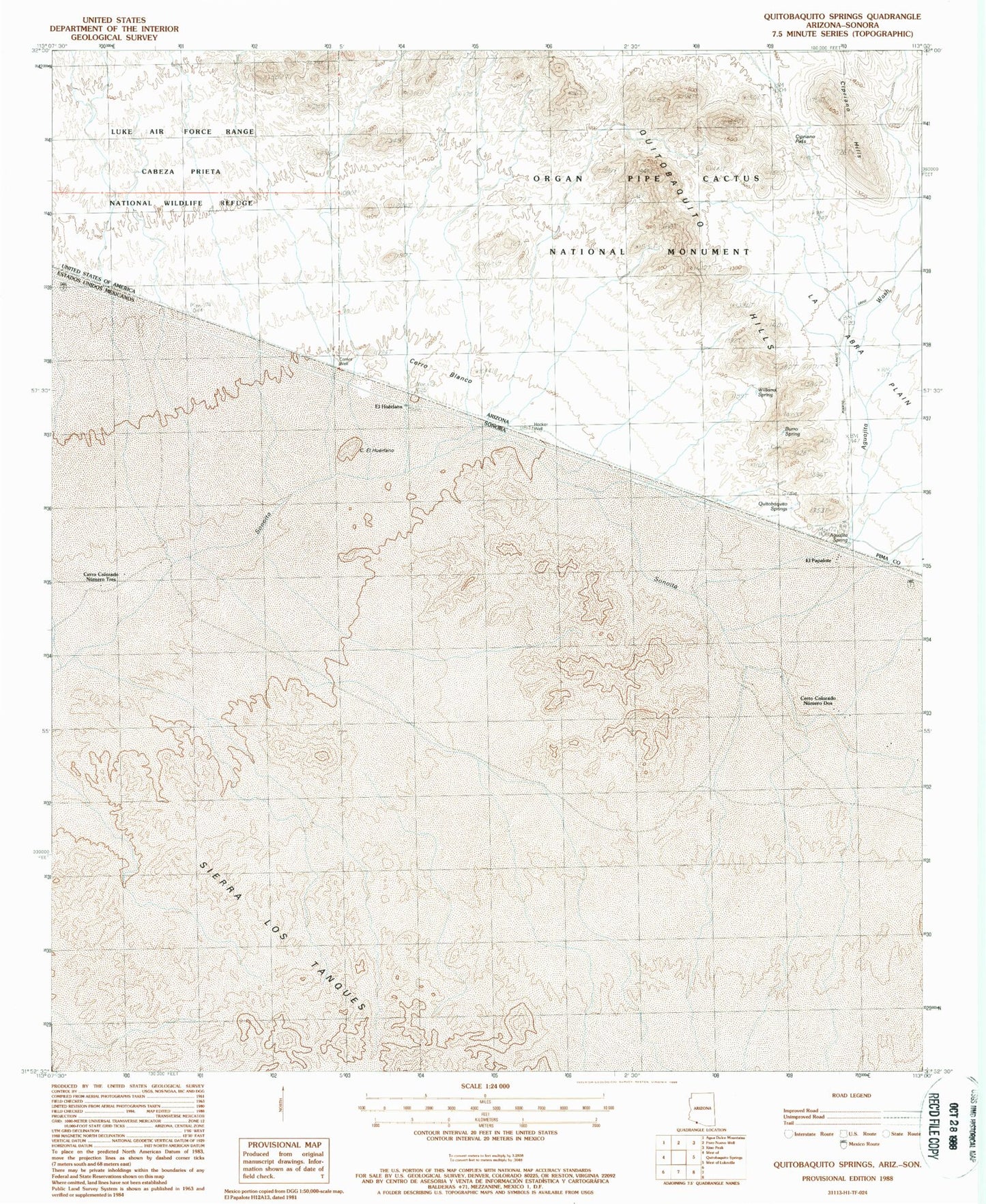 Classic USGS Quitobaquito Springs Arizona 7.5'x7.5' Topo Map Image