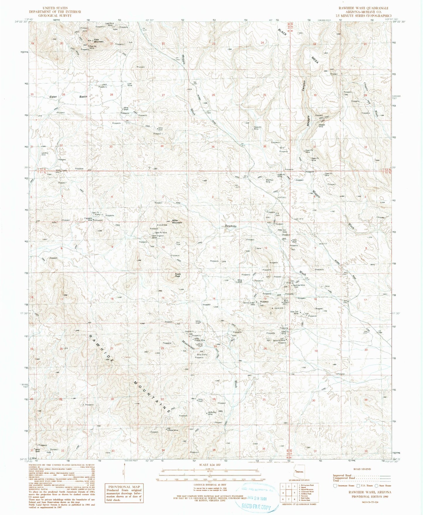 Classic USGS Rawhide Wash Arizona 7.5'x7.5' Topo Map Image