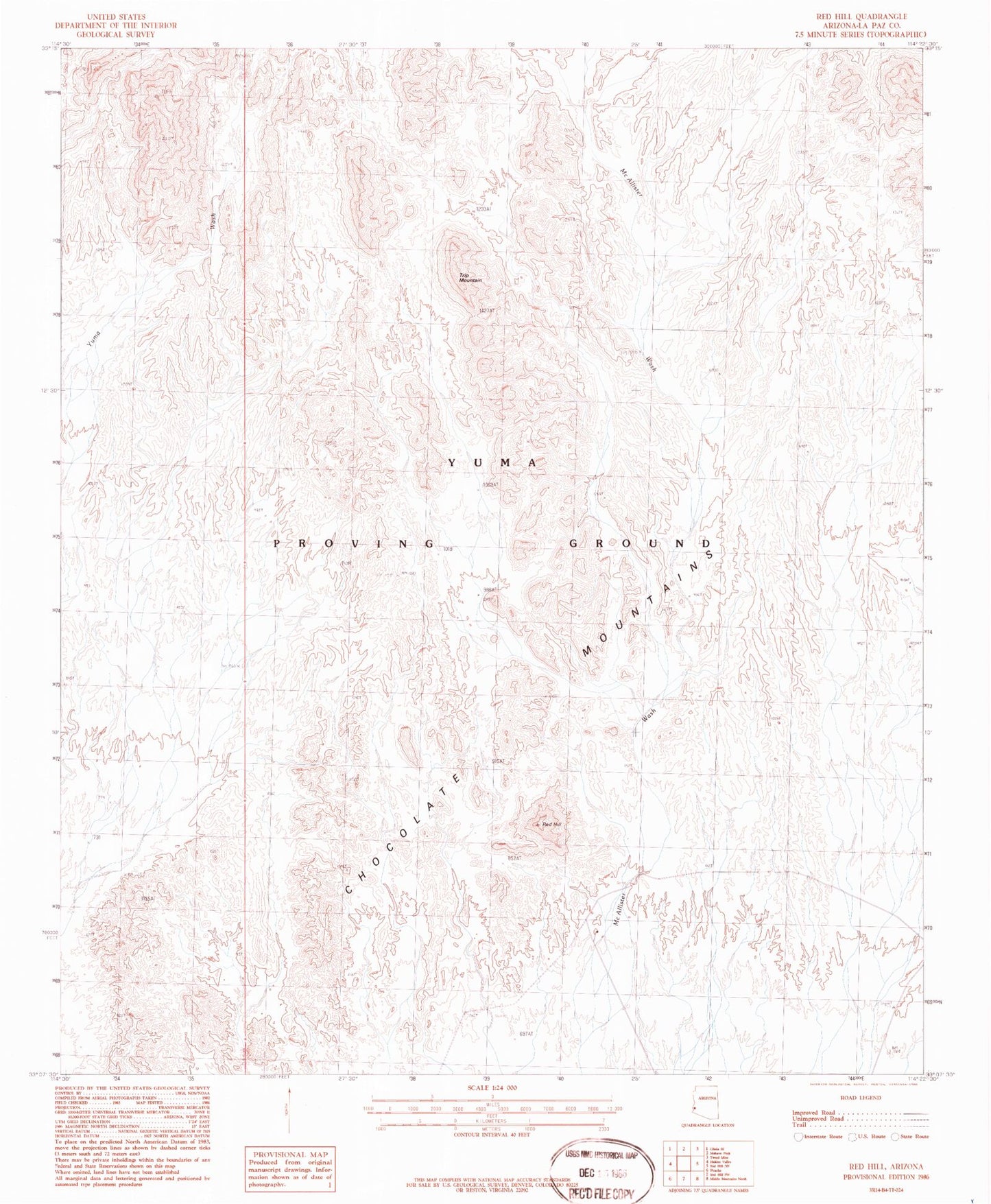 Classic USGS Red Hill Arizona 7.5'x7.5' Topo Map Image