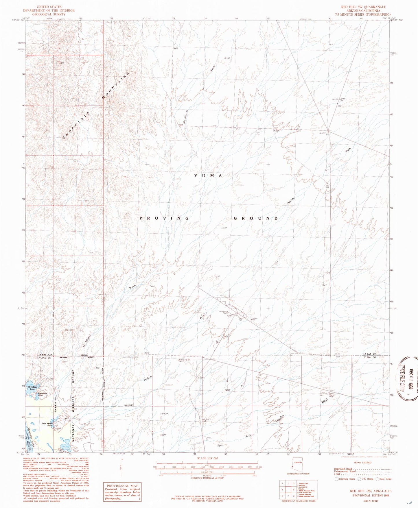 Classic USGS Red Hill SW Arizona 7.5'x7.5' Topo Map Image