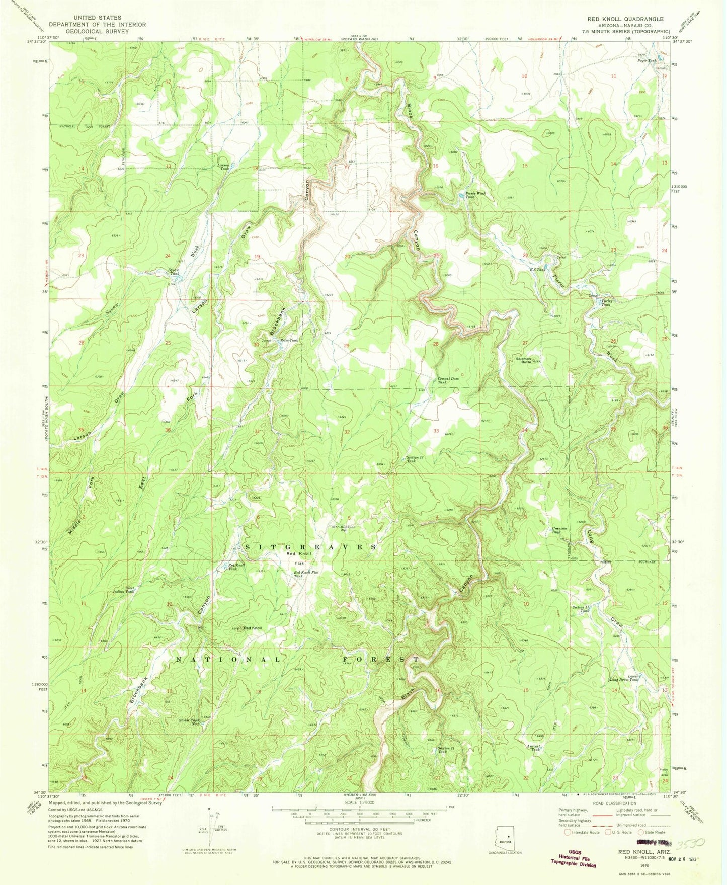 Classic USGS Red Knoll Arizona 7.5'x7.5' Topo Map Image
