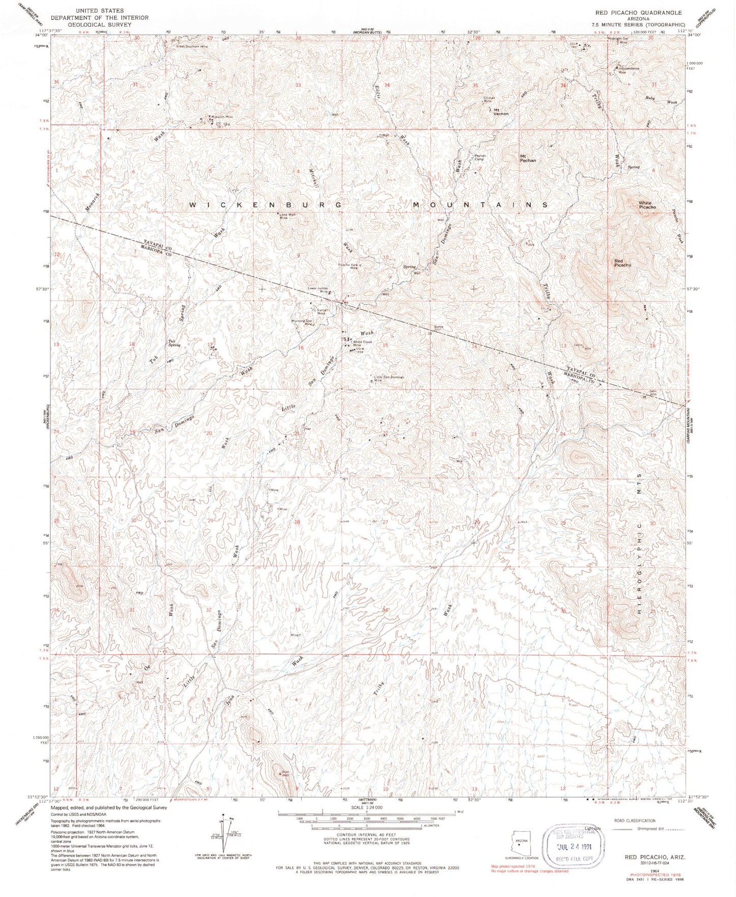 Classic USGS Red Picacho Arizona 7.5'x7.5' Topo Map Image