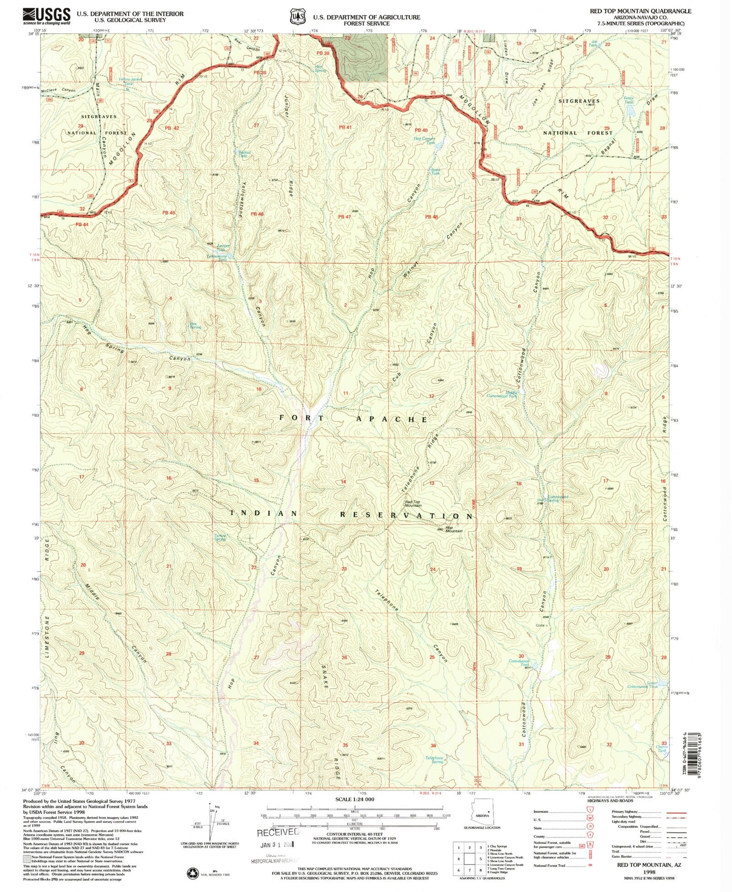 Classic USGS Red Top Mountain Arizona 7.5'x7.5' Topo Map Image
