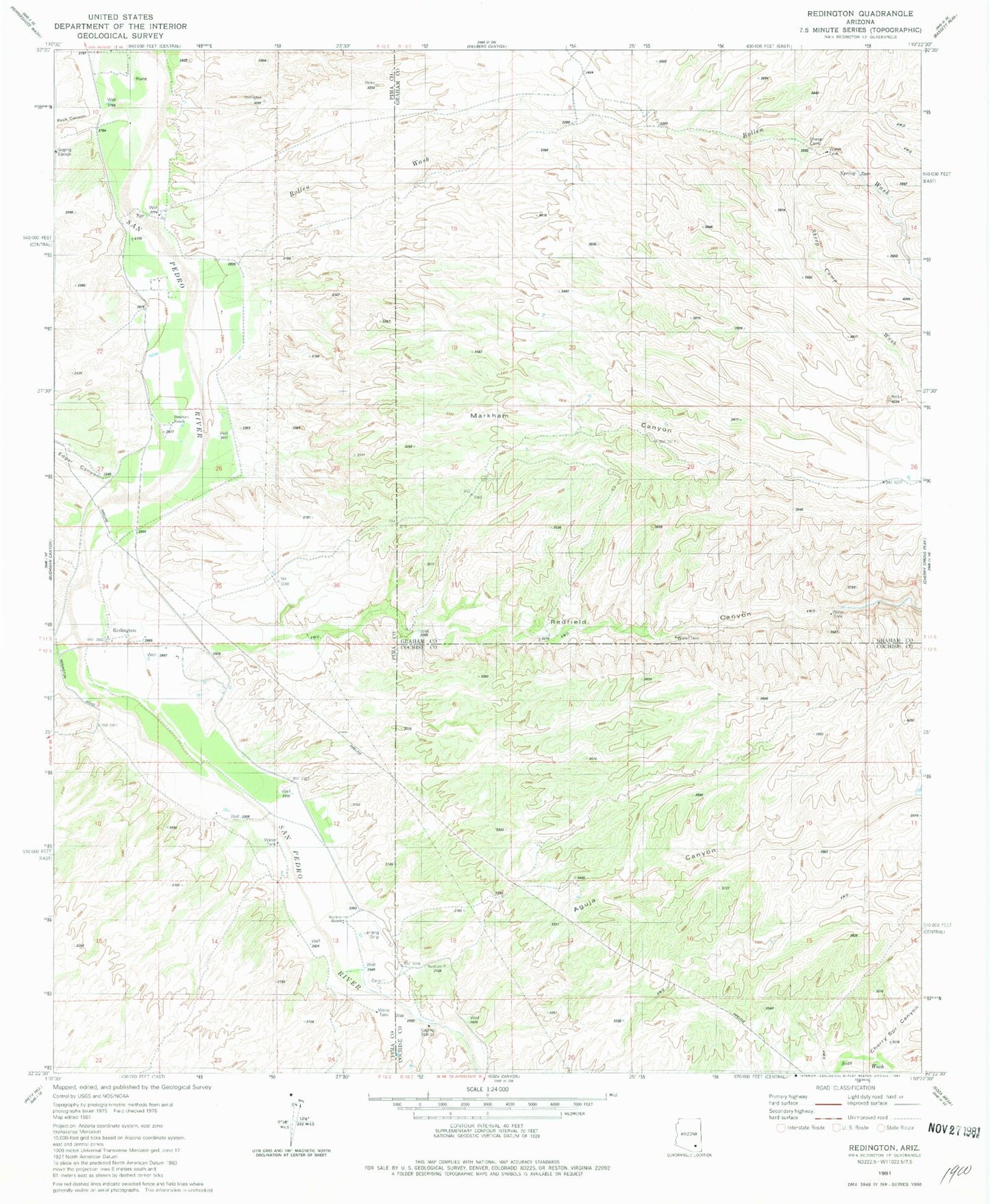 Classic USGS Redington Arizona 7.5'x7.5' Topo Map Image