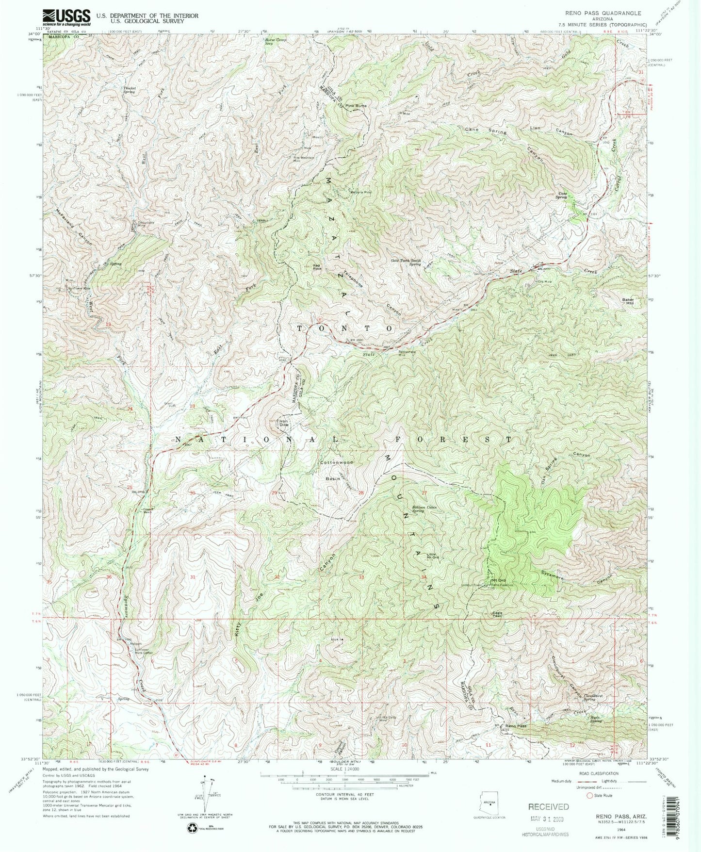 Classic USGS Reno Pass Arizona 7.5'x7.5' Topo Map Image