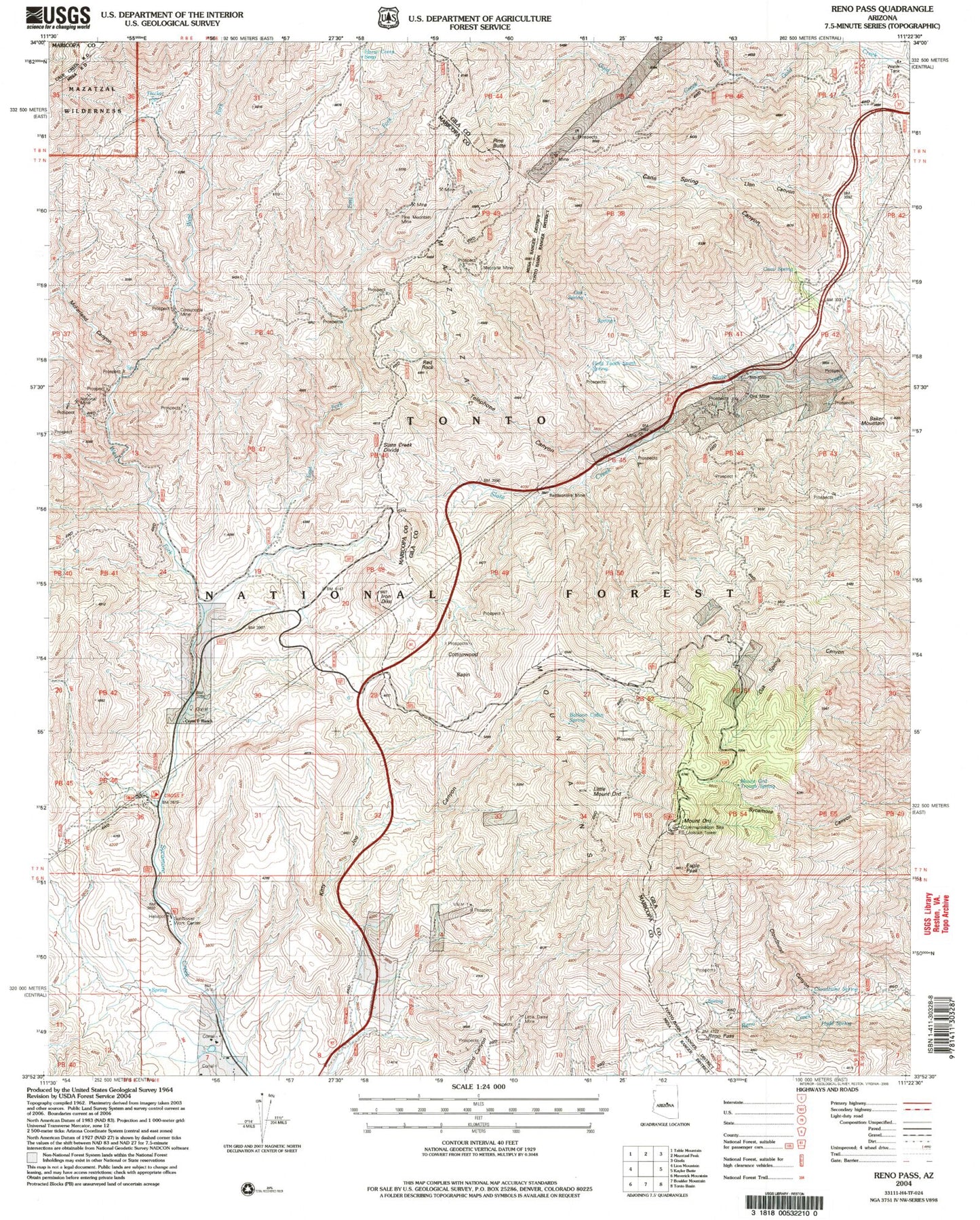 Classic USGS Reno Pass Arizona 7.5'x7.5' Topo Map Image