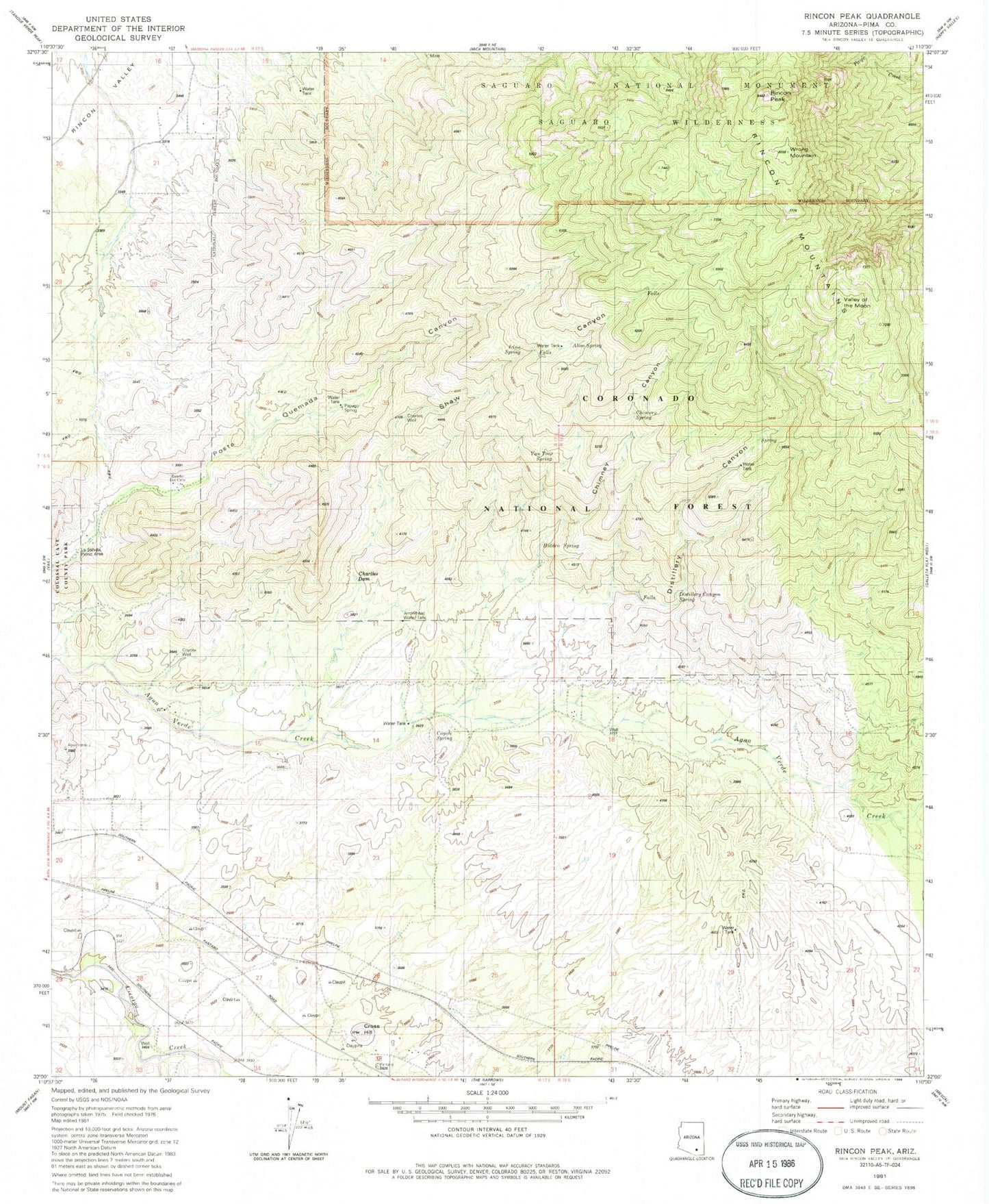 Classic USGS Rincon Peak Arizona 7.5'x7.5' Topo Map Image