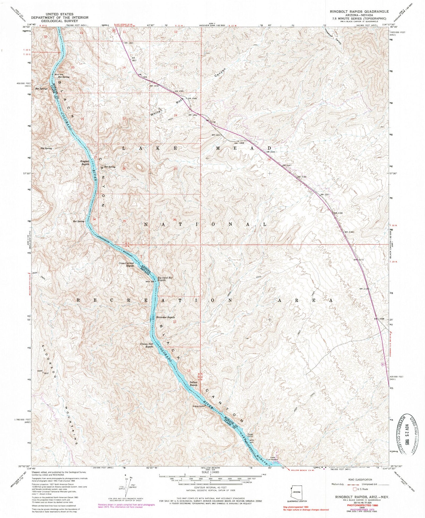 Classic USGS Ringbolt Rapids Arizona 7.5'x7.5' Topo Map Image